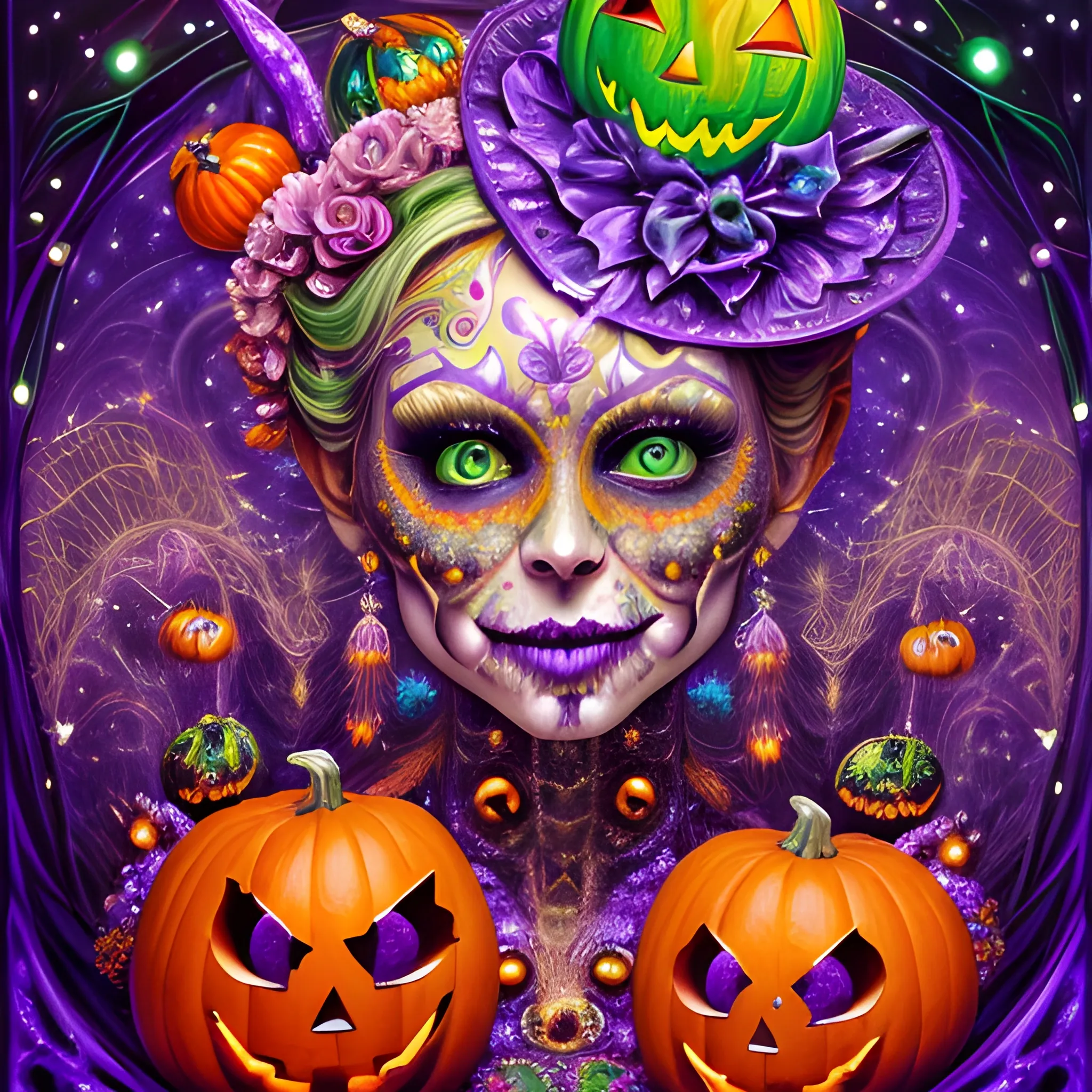 hyperdetailed oil on canvas, a beautiful Halloween Magician, detailed face; orange, green, purple, sparkle fairy dust, glitter, neon grape purple pumpkins, green skulls, orange bats, meticulously detailed; magic, surrounded by luminous color sparkles, outdoors, starry night, full moon in a psychedelic nebula sky, Cartoon