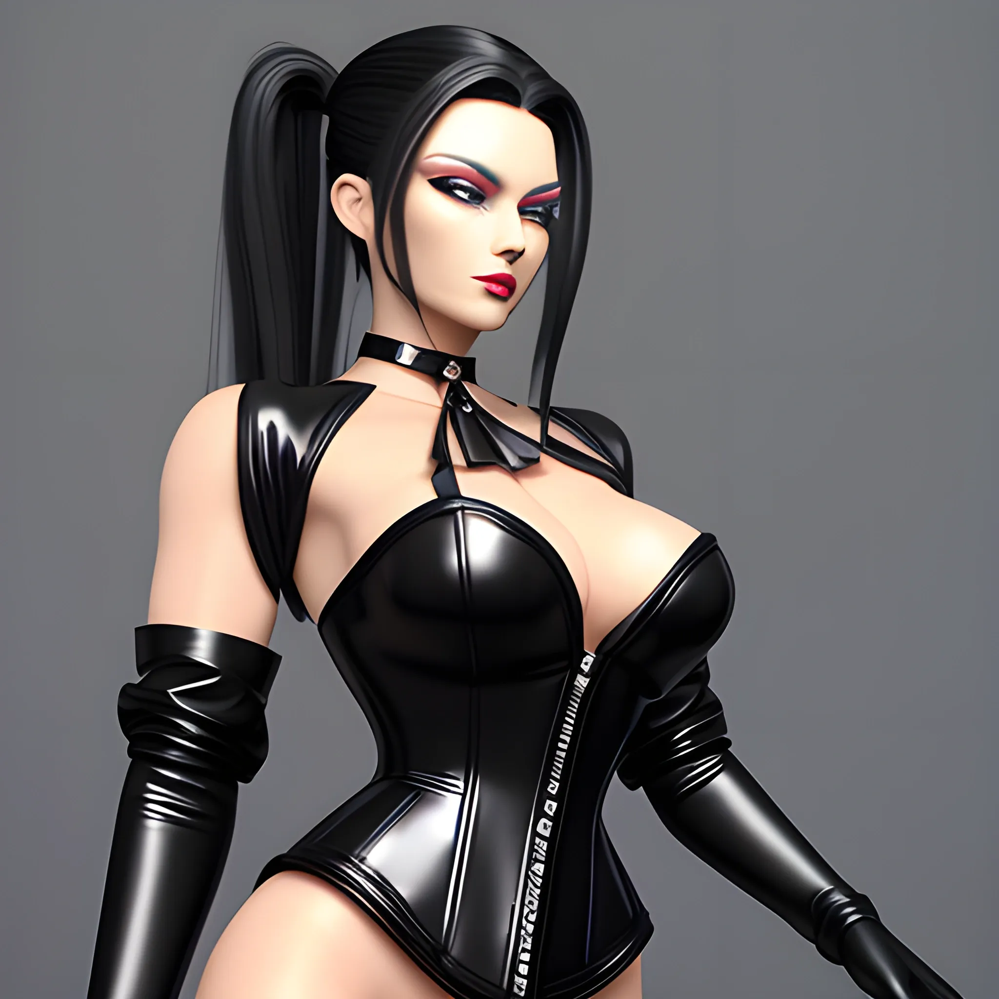 Beautiful Black shoulder length haired business woman with black lipstick and eye makeup dressed in a black leather silver front buckle corset a black leather full body catsuit a black leather silver O ring choker and black leather calf high boots posing standing facing the camera hair tied into ponytail in the center of the back of her head photo realistic 24k ultra realistic quality 3D no deformation five fingers on each hand 