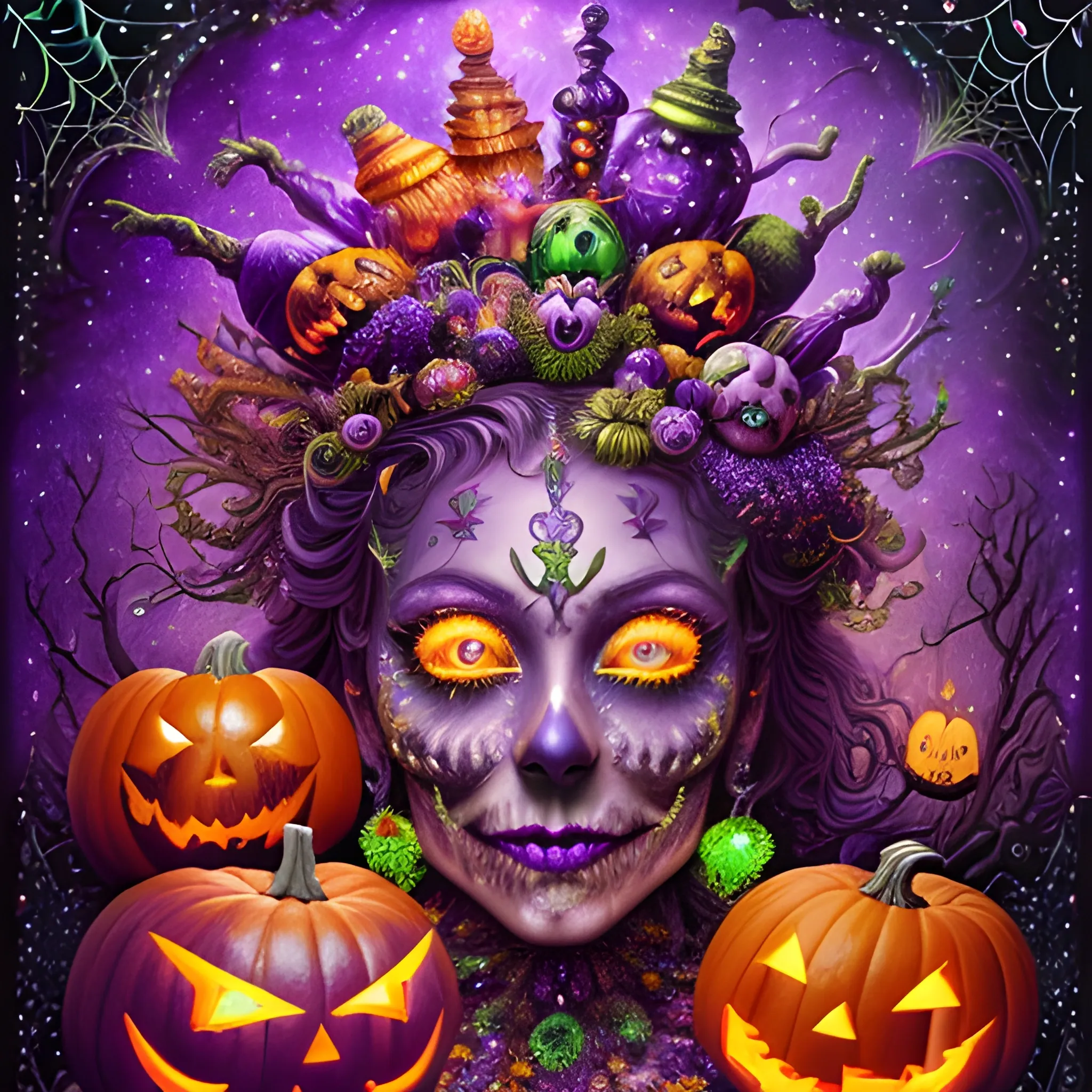 hyperdetailed oil on canvas, a beautiful Halloween Magician, detailed face; orange, green, purple, sparkle fairy dust, glitter, neon grape purple pumpkins, green skulls, orange bats, meticulously detailed; magic, surrounded by luminous color sparkles, outdoors, starry night, full moon in a psychedelic nebula sky; 8k resolution