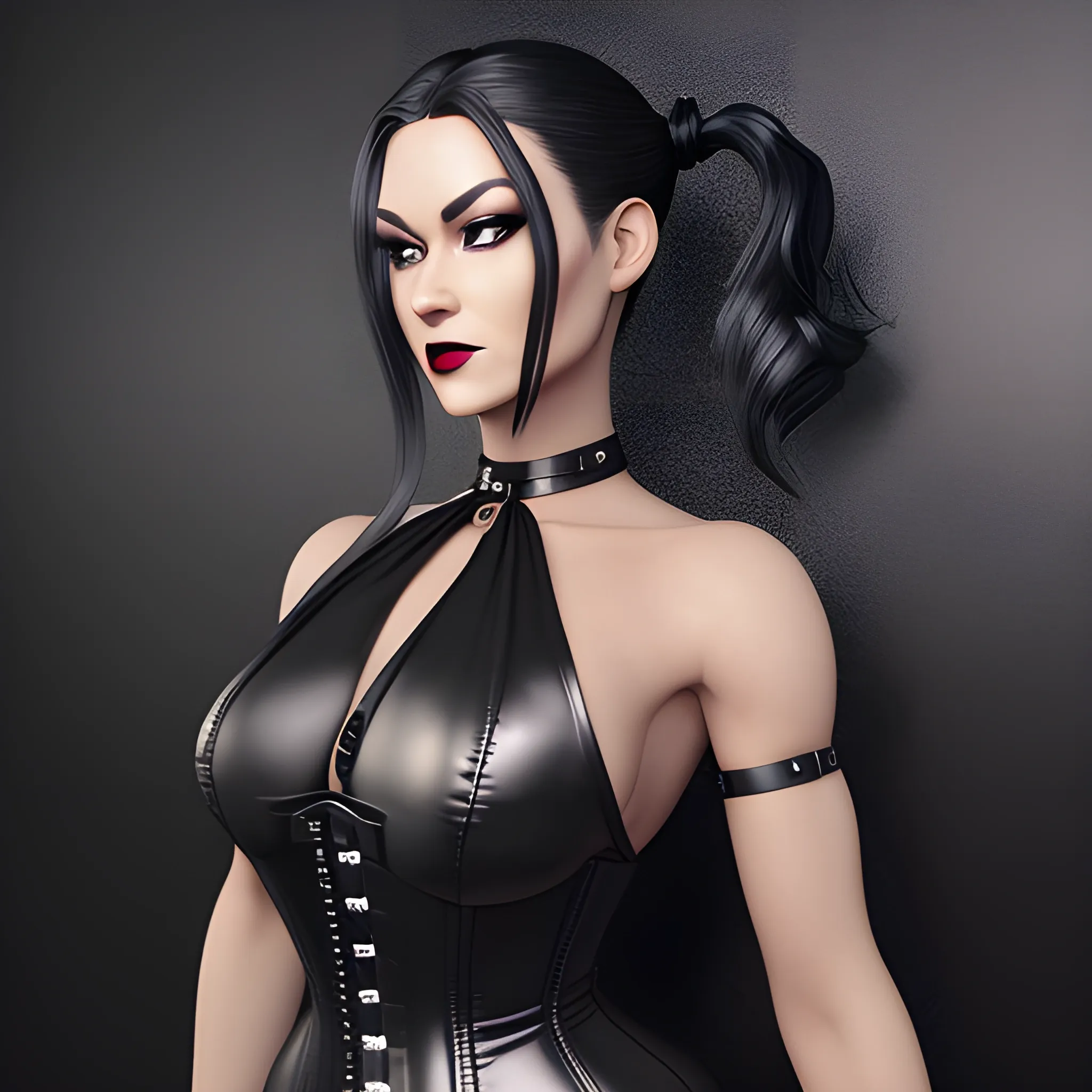 Beautiful Black shoulder length haired business woman with black lipstick and eye makeup dressed in a black leather silver front buckle corset a black leather full body catsuit a black leather silver O ring choker and black leather calf high boots posing standing facing the camera hair tied into ponytail in the center of the back of her head photo realistic 24k ultra realistic quality 3D no deformation five fingers on each hand 