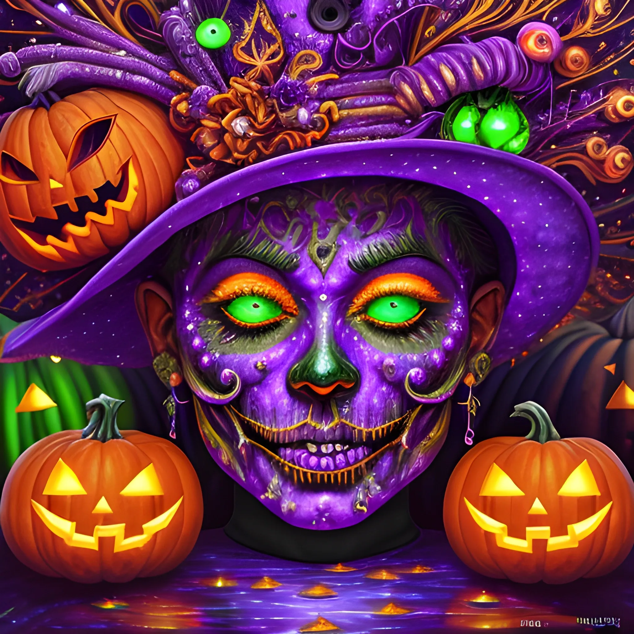hyperdetailed oil on canvas, a mysterious Halloween Magician, detailed face and background; orange, green, purple, sparkle fairy dust, glitter, neon grape purple pumpkins, green skulls, orange bats, meticulously detailed; magic, surrounded by luminous color sparkles, outdoors, starry night, full moon in a psychedelic nebula sky;