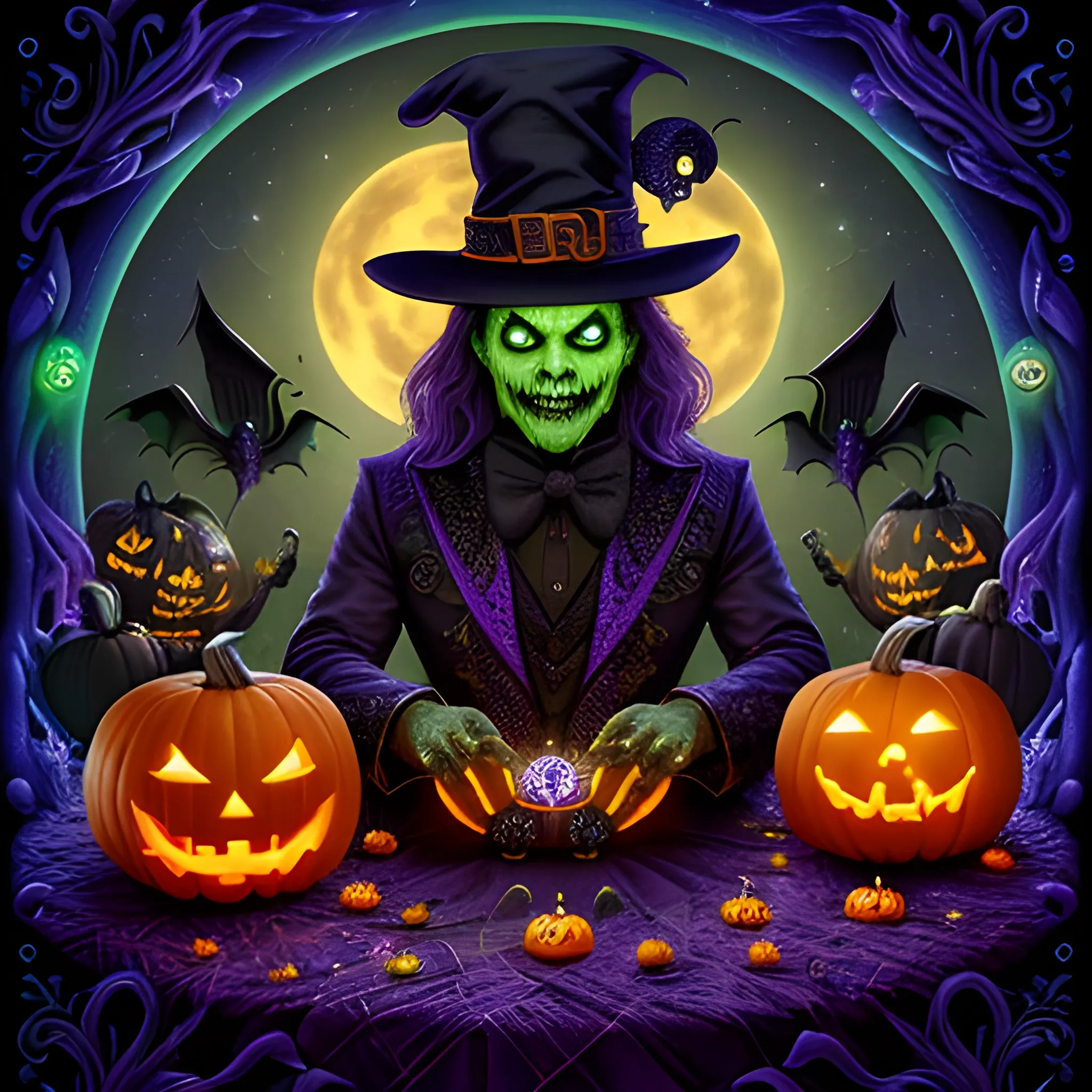 hyperdetailed mysterious Halloween Magician, detailed face and background; orange pumpkins, green skulls, orange bats, meticulously detailed; magic, surrounded by luminous color sparkles, outdoors, starry night, full moon in a nebula sky;