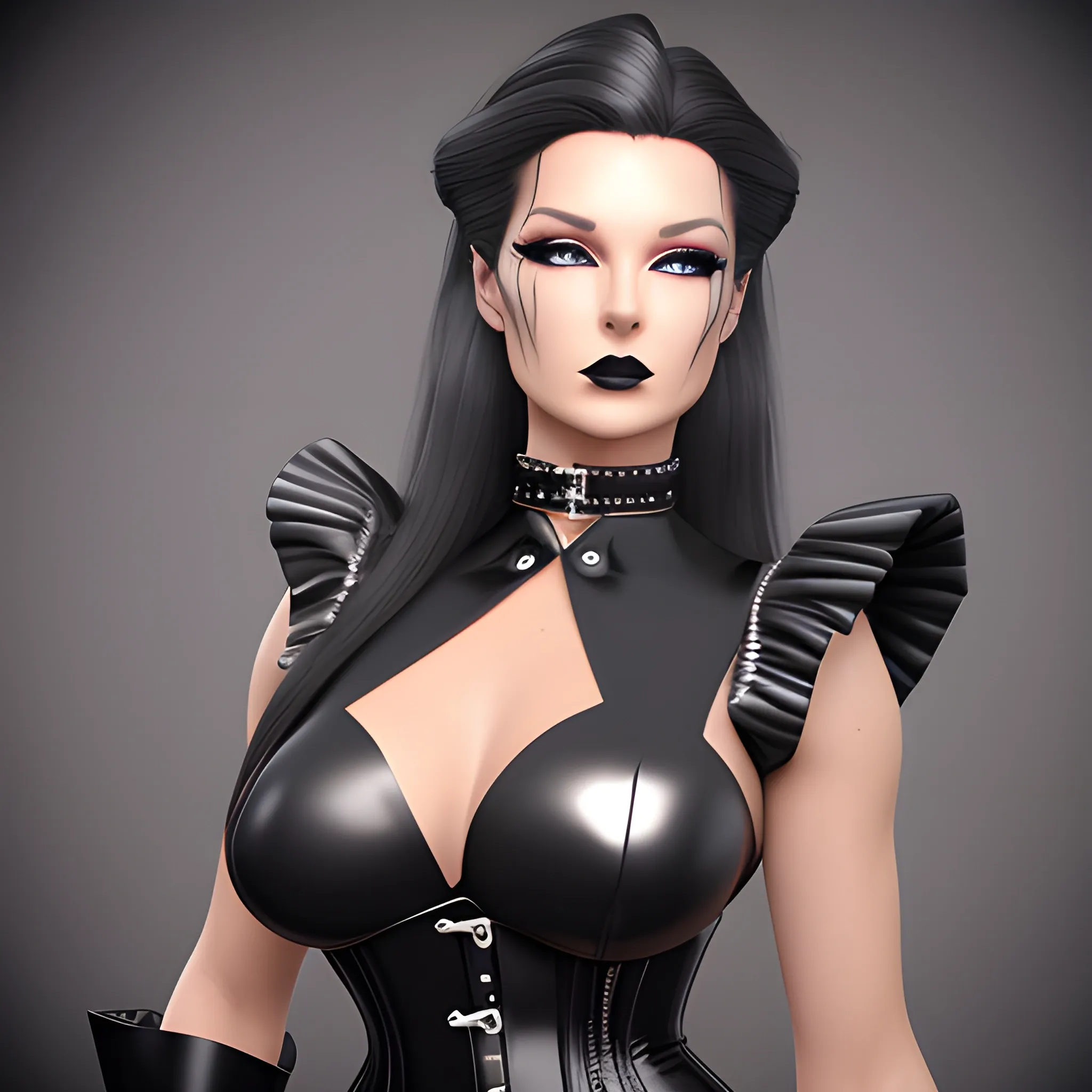 Beautiful Black shoulder length haired business woman with black lipstick and eye makeup dressed in a black leather silver front buckle corset a black leather full body catsuit a black leather silver O ring choker and black leather calf high boots posing standing facing the camera full body shot hair tied into ponytail in the center of the back of her head photo realistic 24k ultra realistic quality 3D no deformation five fingers on each hand 
