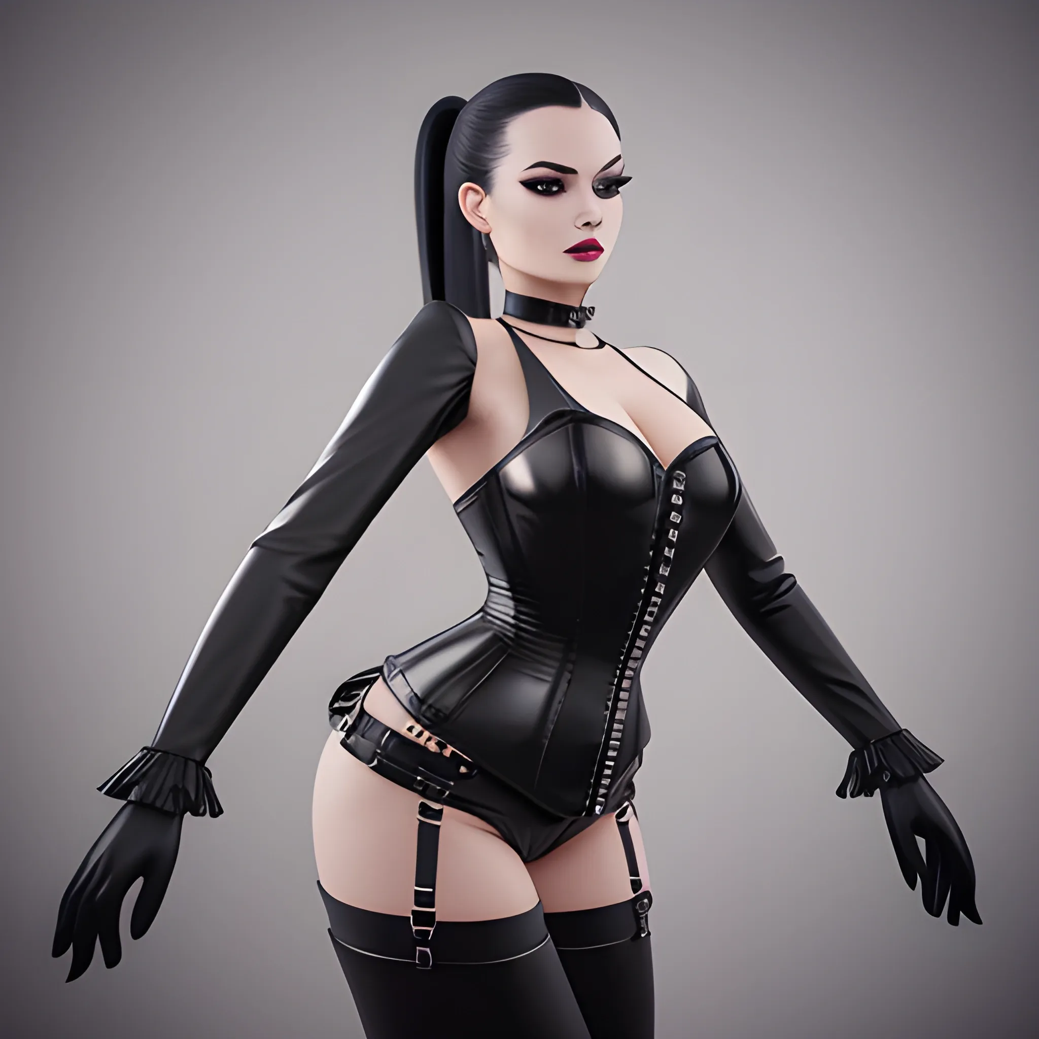 Beautiful Black shoulder length haired business woman with black lipstick and eye makeup dressed in a black leather silver front buckle corset a black leather full body catsuit a black leather silver O ring choker and black leather calf high boots posing standing facing the camera full body shot hair tied into ponytail in the center of the back of her head photo realistic 24k ultra realistic quality 3D no deformation five fingers on each hand 