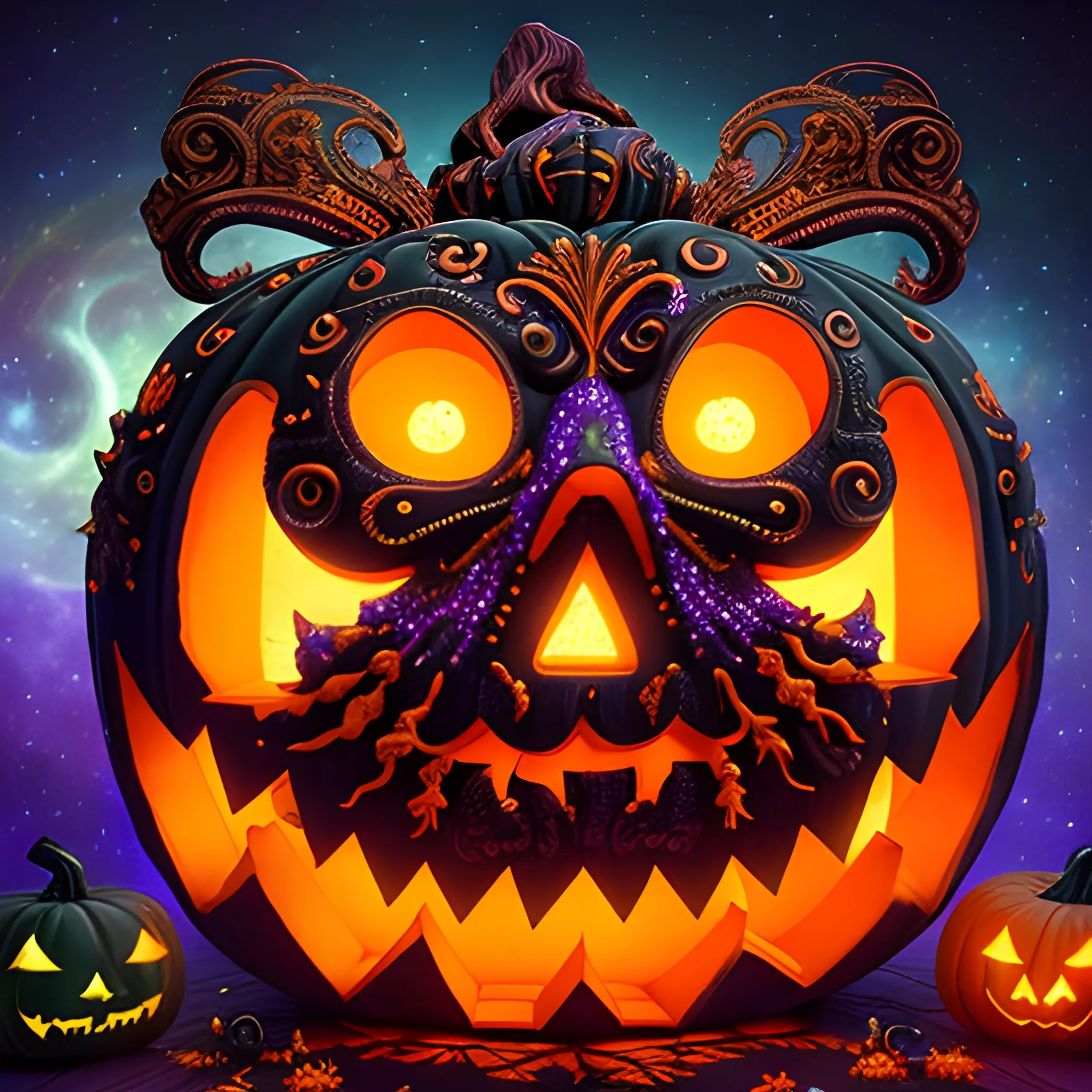 hyperdetailed mysterious Halloween Magician, detailed face and background; orange pumpkins, green skulls, orange bats, meticulously detailed; magic, surrounded by luminous color sparkles, outdoors, starry night, full moon in a nebula sky;