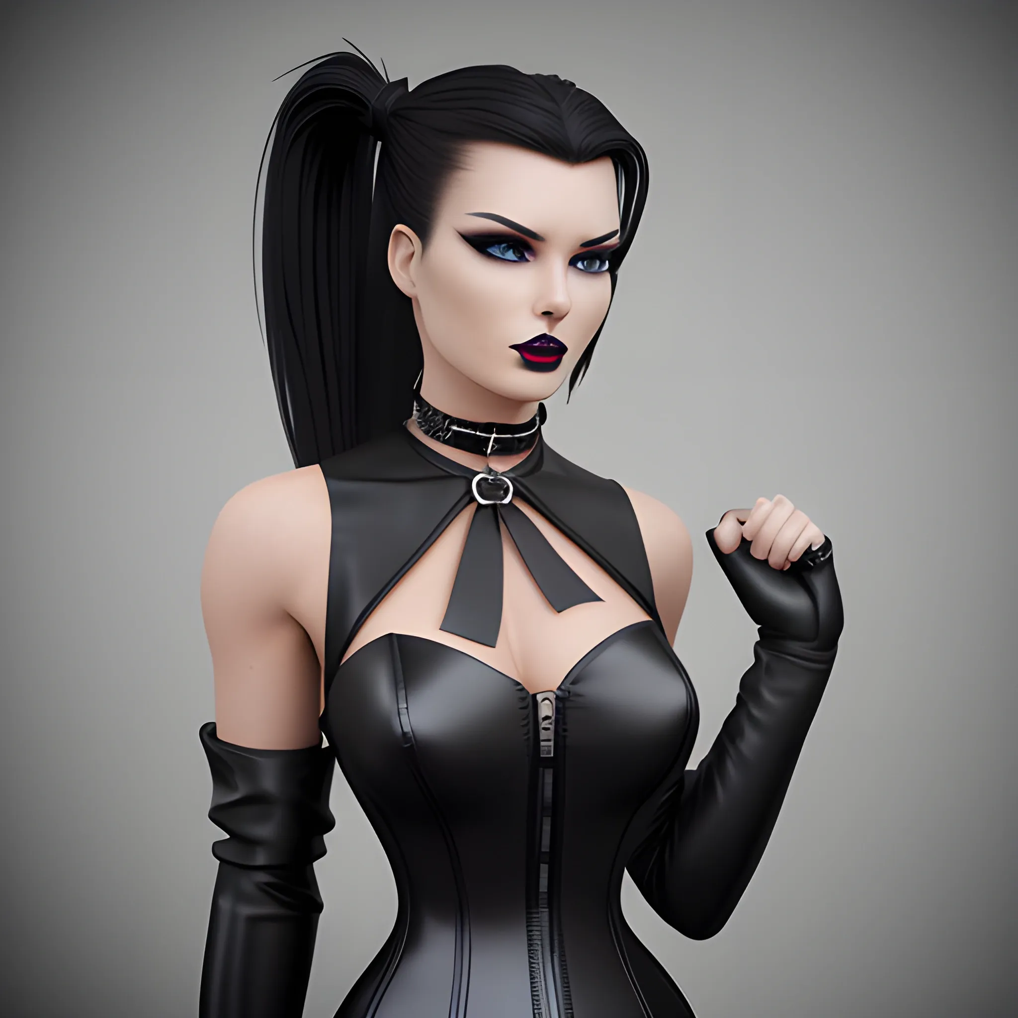Beautiful Black shoulder length haired business woman with black lipstick and eye makeup dressed in a black leather silver front buckle corset a black leather full body catsuit a black leather silver O ring choker and black leather calf high boots posing standing facing the camera full body shot hair tied into ponytail in the center of the back of her head photo realistic 24k ultra realistic quality 3D no deformation five fingers on each hand 