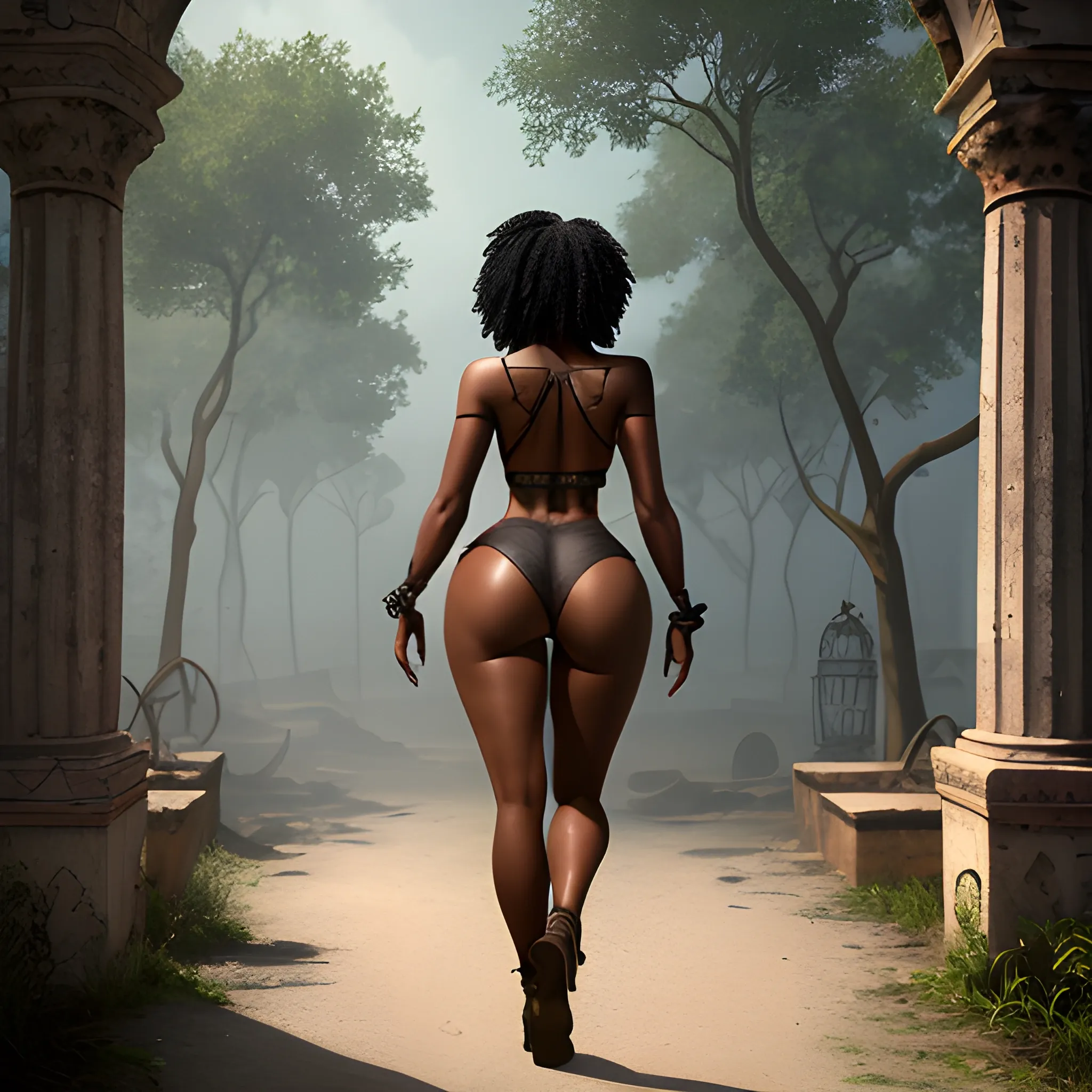 a magician in a ruins of abandoned old town with his back to the camera and halloween stuff on the ground, breasts, looking_at_viewer, short_hair, multiple_girls, black_hair, 2girls, bare_shoulders, jewelry, medium_breasts, underwear, standing, panties, ass, earrings, outdoors, parted_lips, solo_focus, day, looking_back, dark_skin, from_behind, dark-skinned_female, tree, lips, crop_top, back, nature, armlet, forest, thong, realistic, bracer