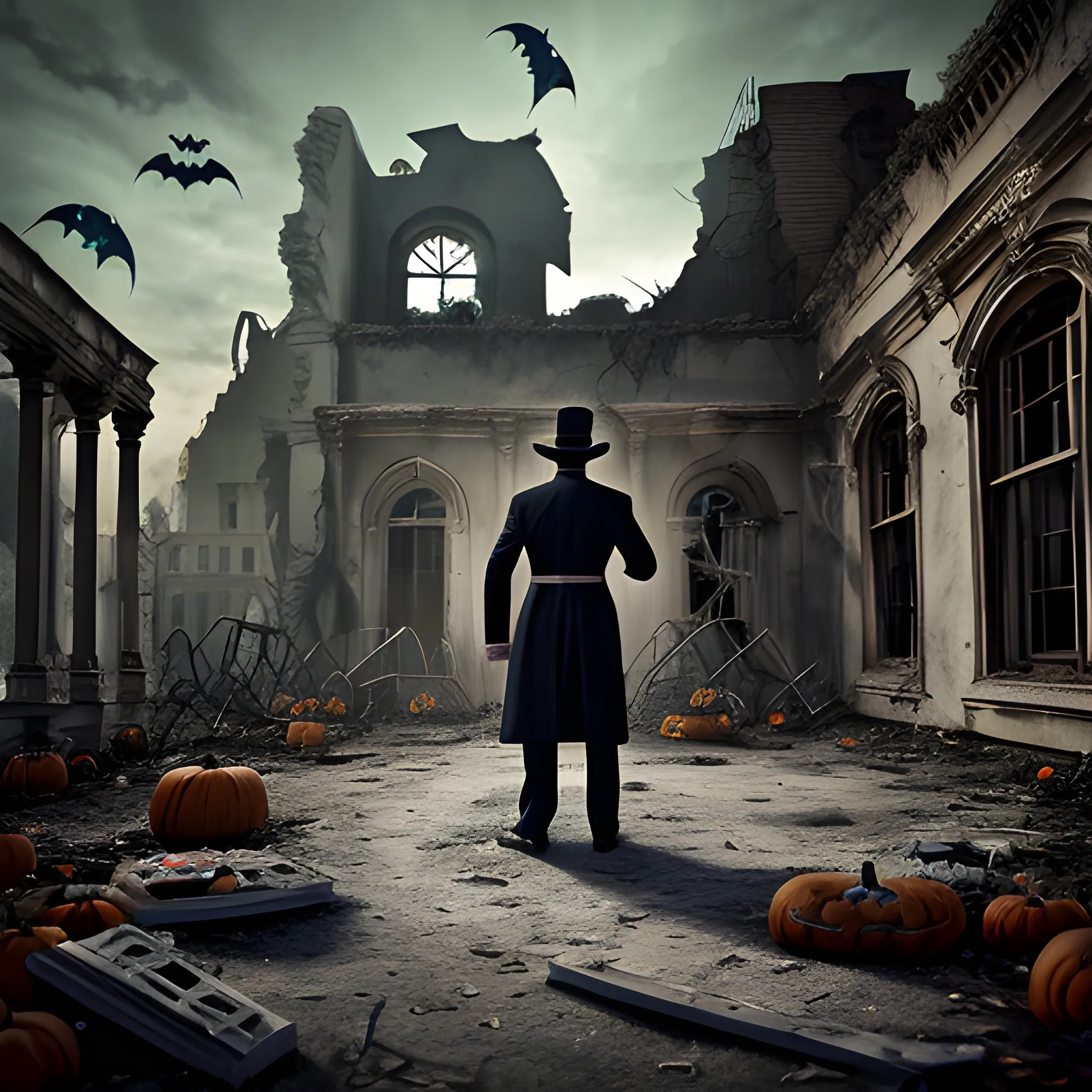 a magician in a ruins of abandoned old town with his back to the camera and halloween stuff on the ground, hyperdetailed background