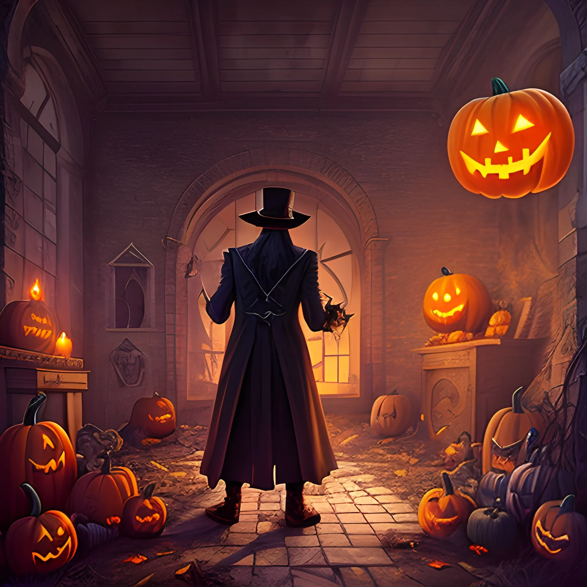 a mysterious magician from Magic Craft Game in a ruins of abandoned old town with his back to the camera and halloween stuff on the ground, hyperdetailed background