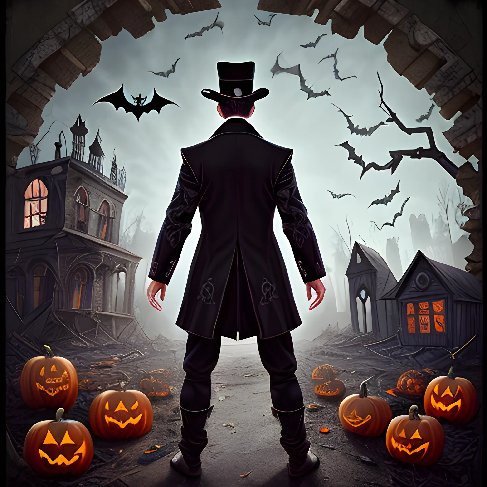 a hyperdetailed mysterious magician from Magic Craft Game in ruins of abandoned old mysterious town with his back to the camera and halloween stuff on the ground, hyperdetailed background