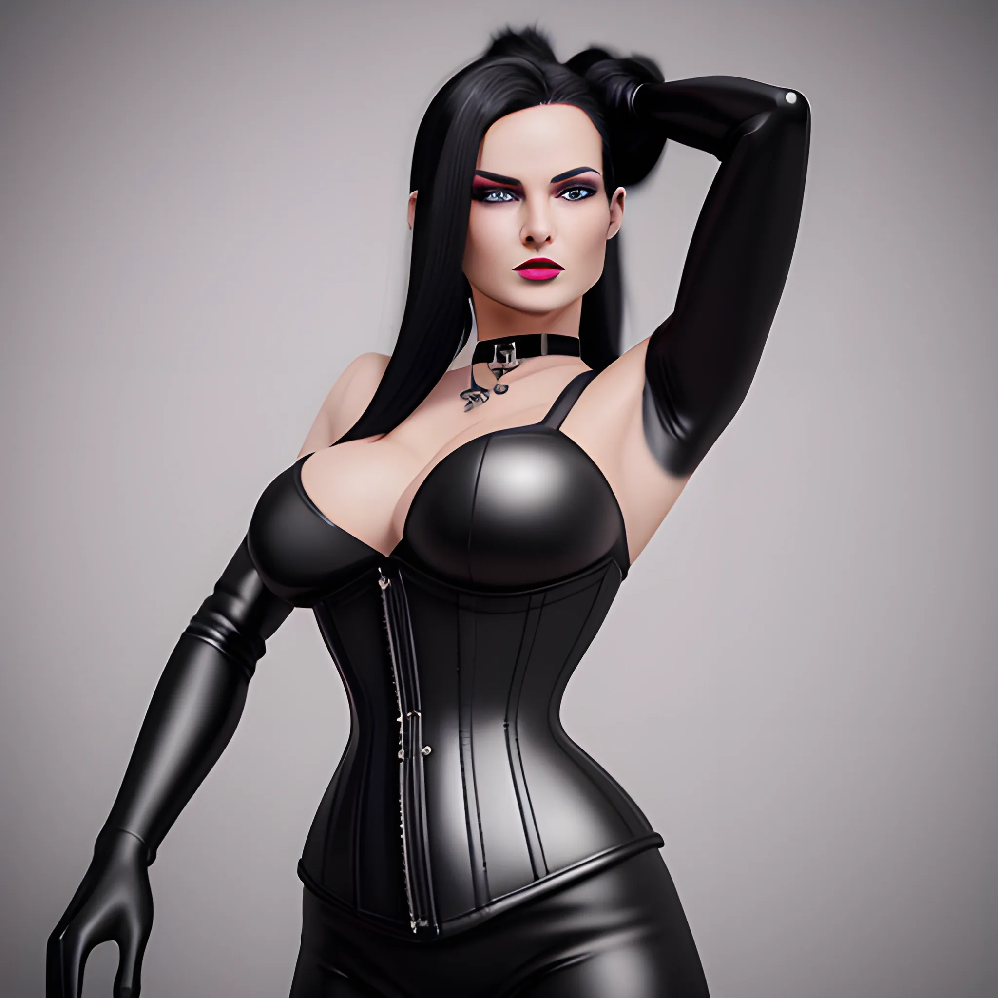 Beautiful Black shoulder length haired business woman with black lipstick and eye makeup dressed in a black leather silver front buckle corset a black leather full body catsuit a black leather silver O ring choker and black leather calf high boots posing standing facing the camera full body shot hair tied into ponytail in the center of the back of her head photo realistic 24k ultra realistic quality 3D no deformation five fingers on each hand
Delete
Beautiful Black shoulder length haired business woman with black lipstick and eye makeup dressed in a black leather silver front buckle corset a black leather full body catsuit a black leather silver O ring choker and black leather calf high boots posing standing facing the camera full body shot hair tied into ponytail in the center of the back of her head photo realistic 24k ultra realistic quality 3D no deformation five fingers on each hand 