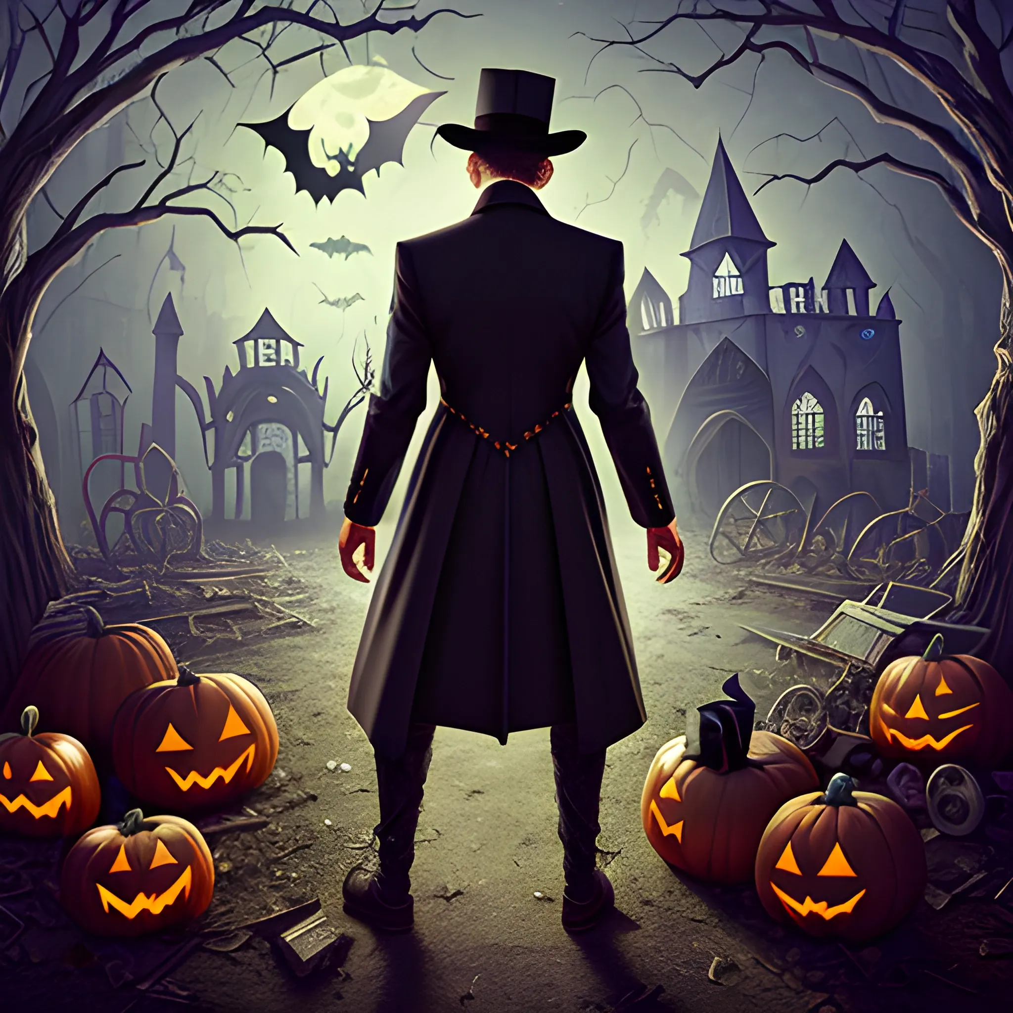 a hyperdetailed mysterious magician from Magic Craft Game in ruins of abandoned old mysterious town with his back to the camera; halloween stuff on the ground; hyperdetailed background with many details