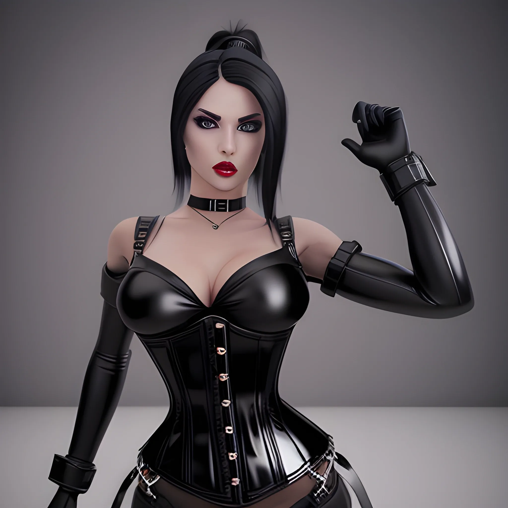 Beautiful Black shoulder length haired business woman with black lipstick and eye makeup dressed in a black leather silver front buckle corset a black leather full body catsuit a black leather silver O ring choker and black leather calf high boots posing standing facing the camera full body shot hair tied into ponytail in the center of the back of her head photo realistic 24k ultra realistic quality 3D no deformation five fingers on each hand
Delete
Beautiful Black shoulder length haired business woman with black lipstick and eye makeup dressed in a black leather silver front buckle corset a black leather full body catsuit a black leather silver O ring choker and black leather calf high boots posing standing facing the camera full body shot hair tied into ponytail in the center of the back of her head photo realistic 24k ultra realistic quality 3D no deformation five fingers on each hand 