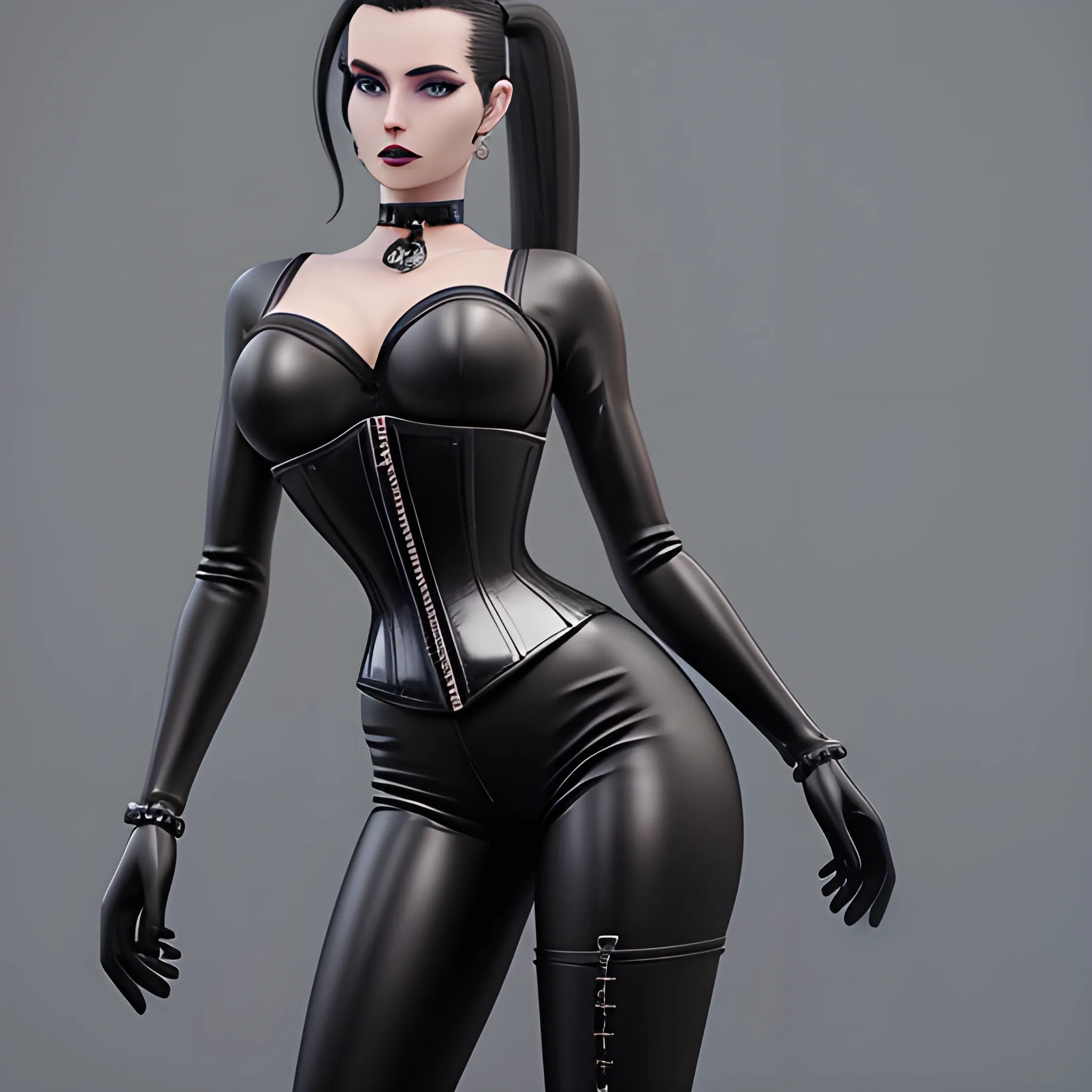 Beautiful Black shoulder length haired business woman with black lipstick and eye makeup dressed in a black leather silver front buckle corset a black leather full body catsuit a black leather silver O ring choker and black leather calf high boots posing standing facing the camera full body shot hair tied into ponytail in the center of the back of her head photo realistic 24k ultra realistic quality 3D no deformation five fingers on each hand
Delete
Beautiful Black shoulder length haired business woman with black lipstick and eye makeup dressed in a black leather silver front buckle corset a black leather full body catsuit a black leather silver O ring choker and black leather calf high boots posing standing facing the camera full body shot hair tied into ponytail in the center of the back of her head photo realistic 24k ultra realistic quality 3D no deformation five fingers on each hand 