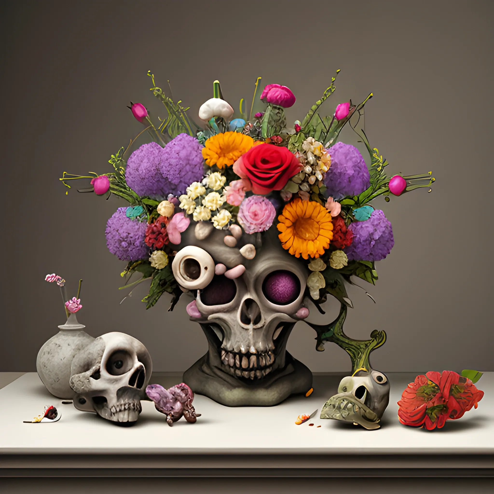 flowers with bizarre and even grotesque mutations and reflecting mesmerizing surfaces in a vanitas still life, 3D