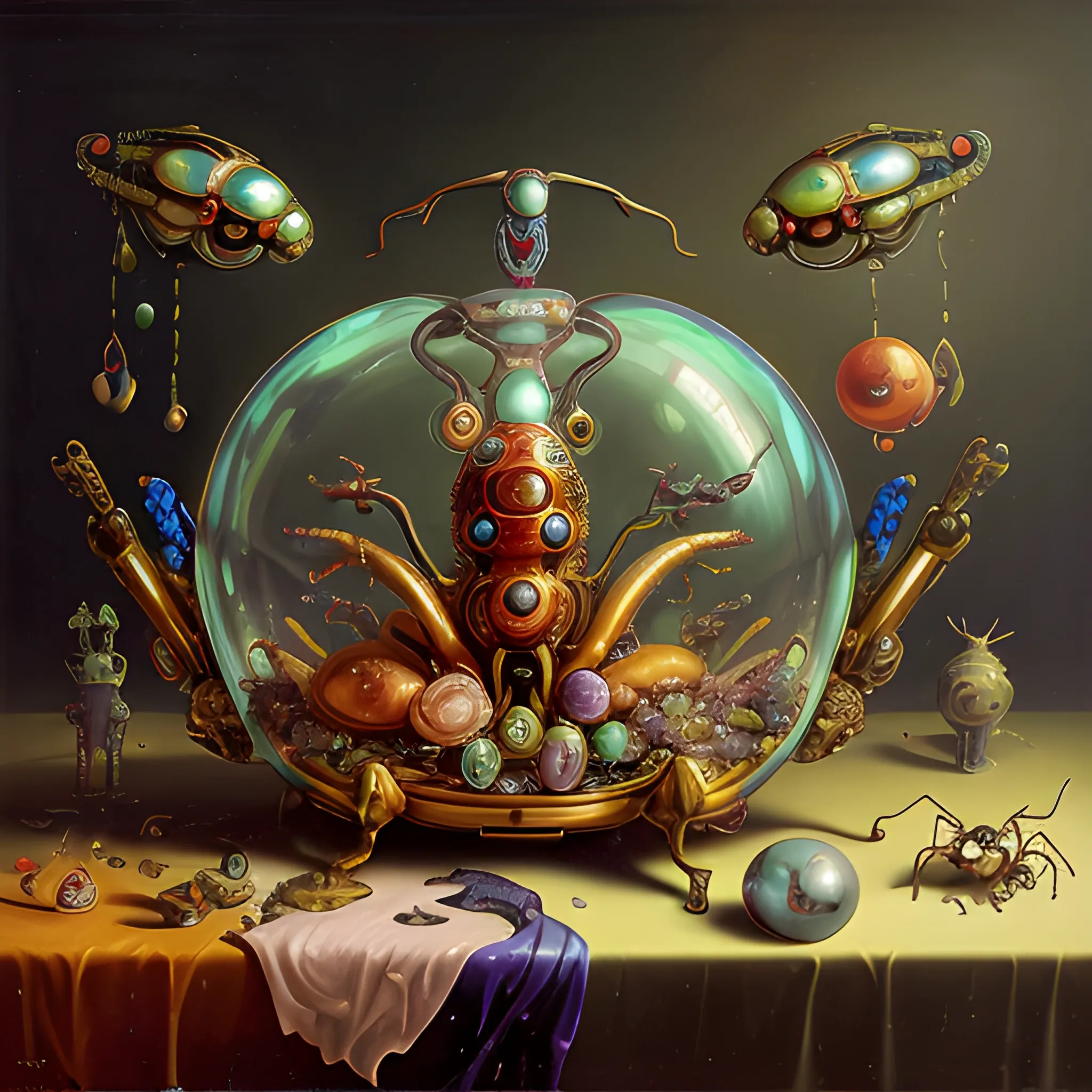 strange seductive futuristic robot body, enticing colorful oil painting dutch golden age vanitas still life sparse composition with bulbous objects strange gooey transparent surfaces shiny metal reflections bizarre mutant meat insects rachel ruysch dali todd schorr very detailed perfect 