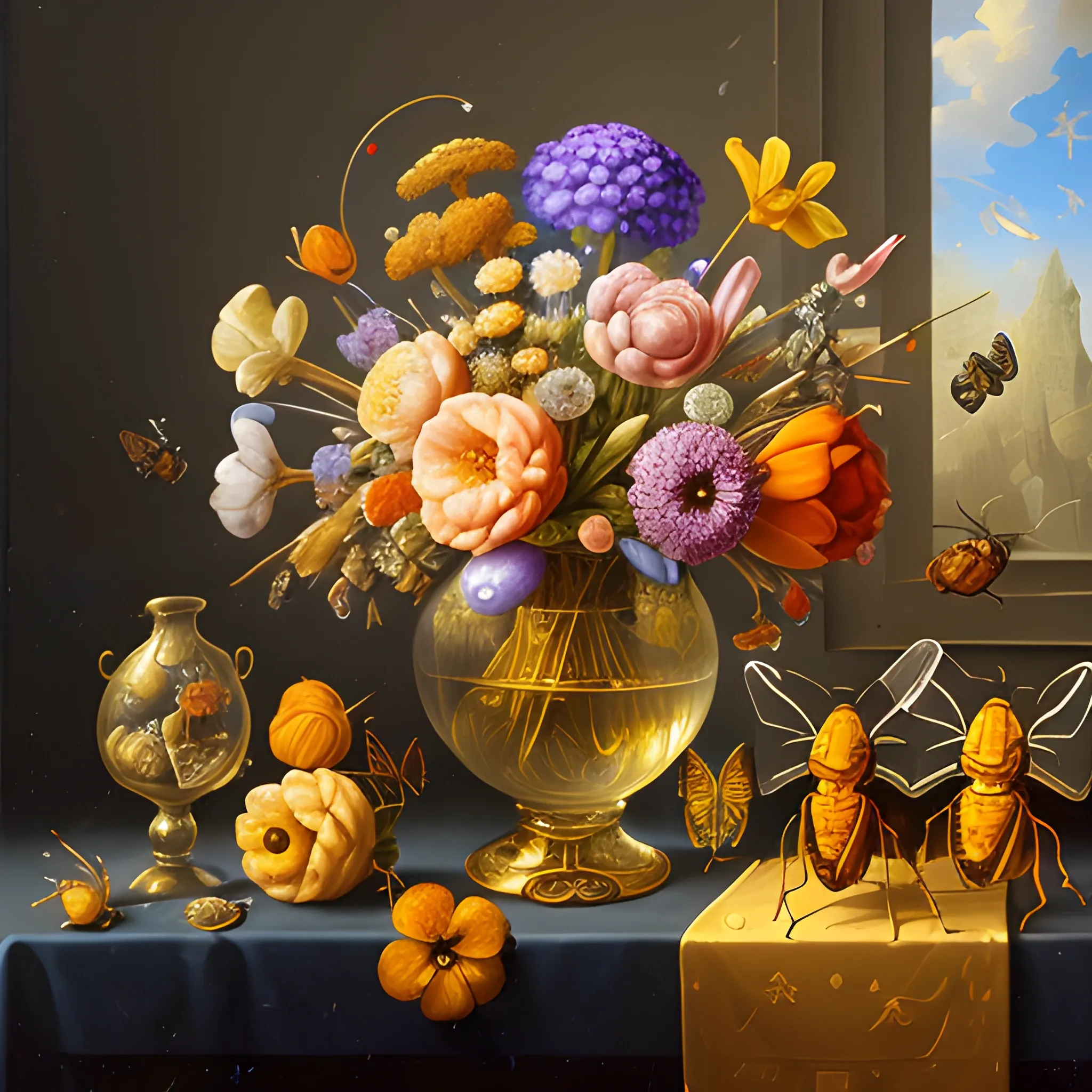  Dutch golden age vanitas still life with gorgeous fututistic objects shiny transparent surfaces shiny metal insects flowers rachel ruysch dali todd schorr , 3D