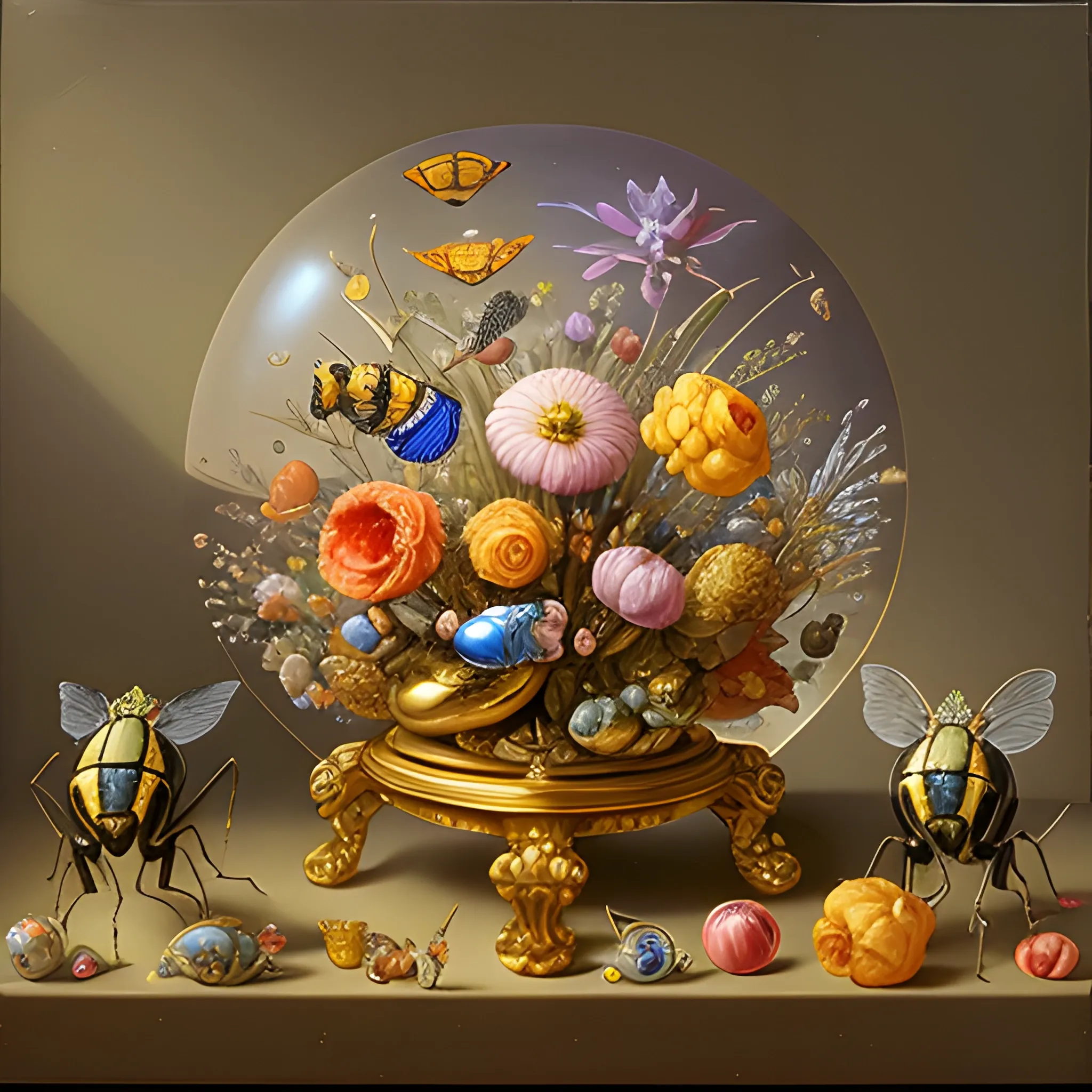  Dutch golden age vanitas still life with gorgeous fututistic objects shiny transparent surfaces shiny metal insects alien flowers rachel ruysch dali todd schorr , 3D, 3D