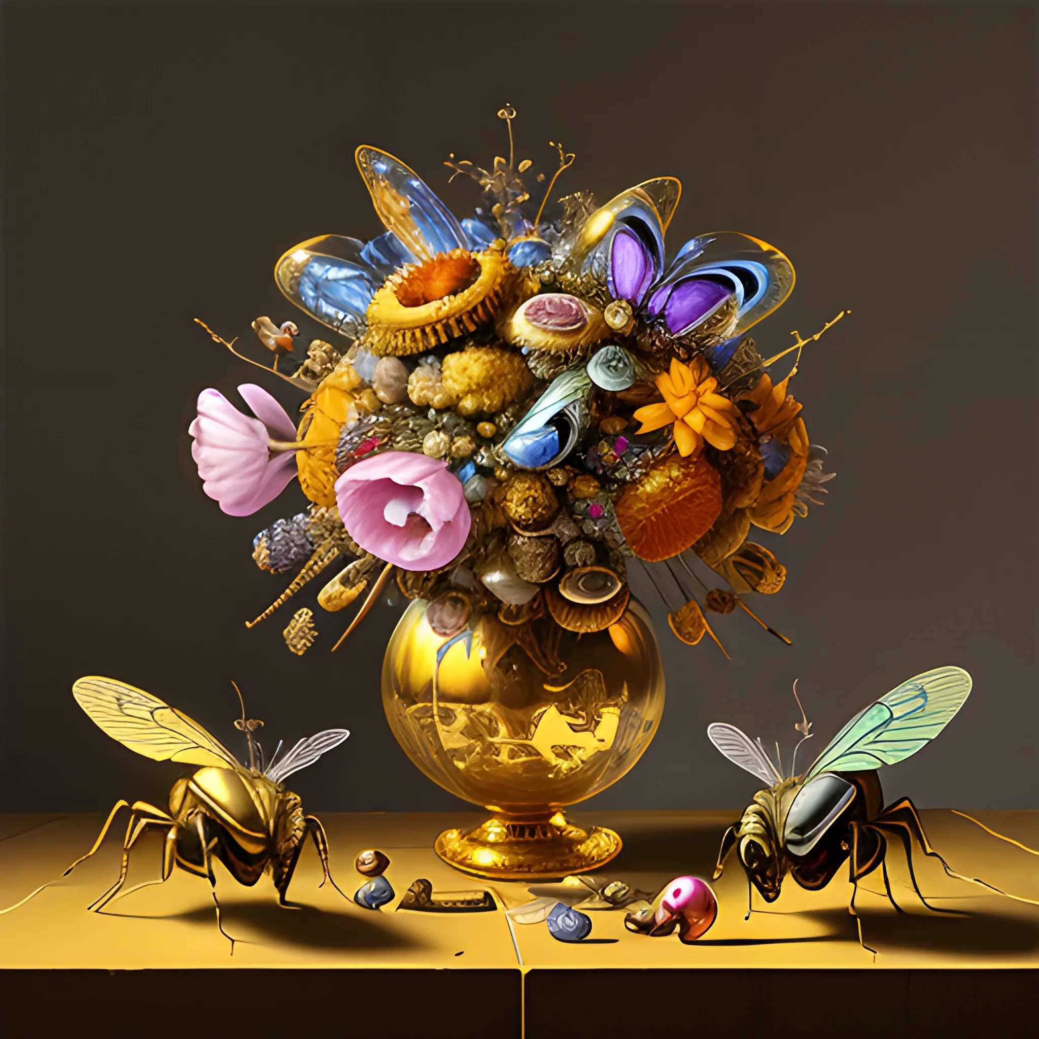  Dutch golden age vanitas still life with gorgeous fututistic objects shiny transparent surfaces shiny metal insects alien flowers rachel ruysch dali todd schorr , 3D, 3D