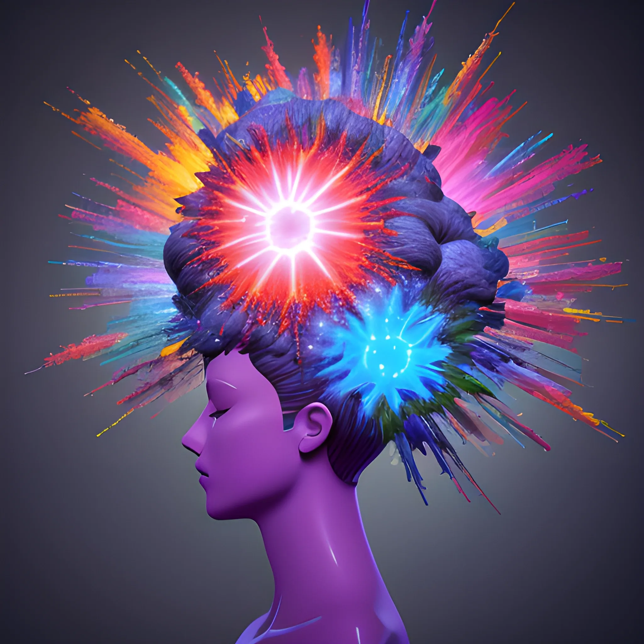 3D render of a vibrant, exploding mind with dreamlike elements, 3D