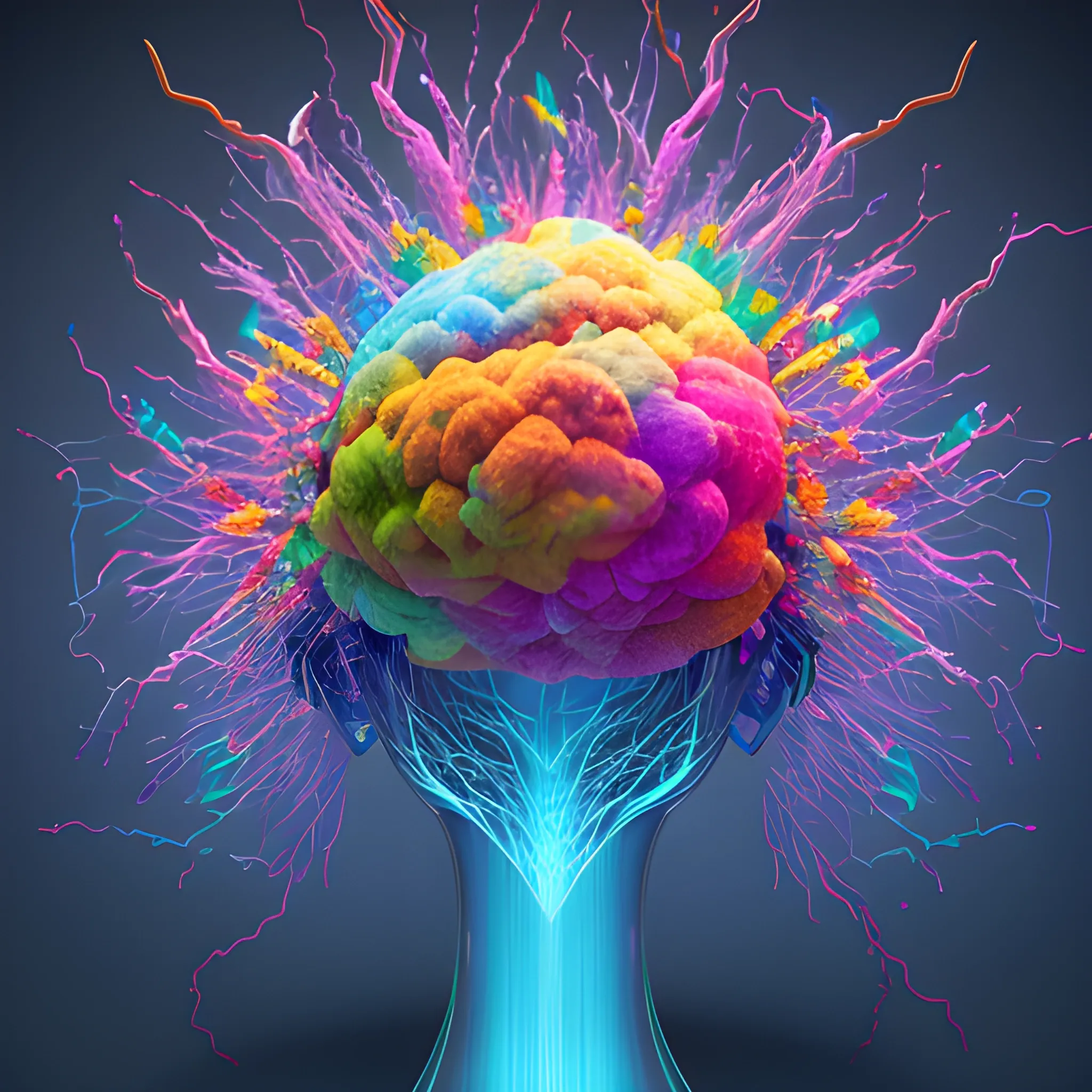 3D render of a vibrant, exploding mind with dreamlike elements, 3D