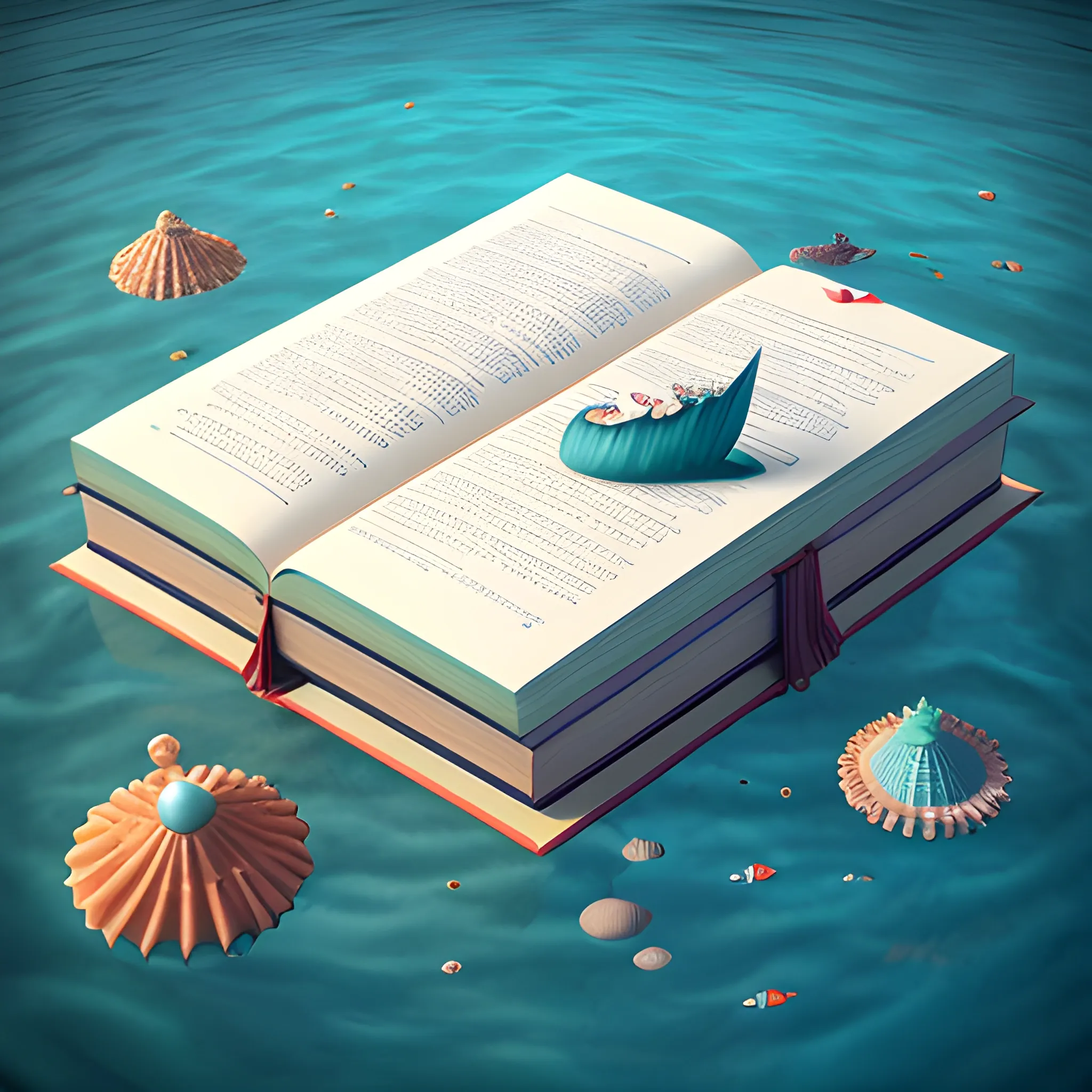 Create a hyperrealistic 3D render of an expansive ocean with various types of books floating and bobbing on its surface, inspired by the style of Marek Denko, 3D