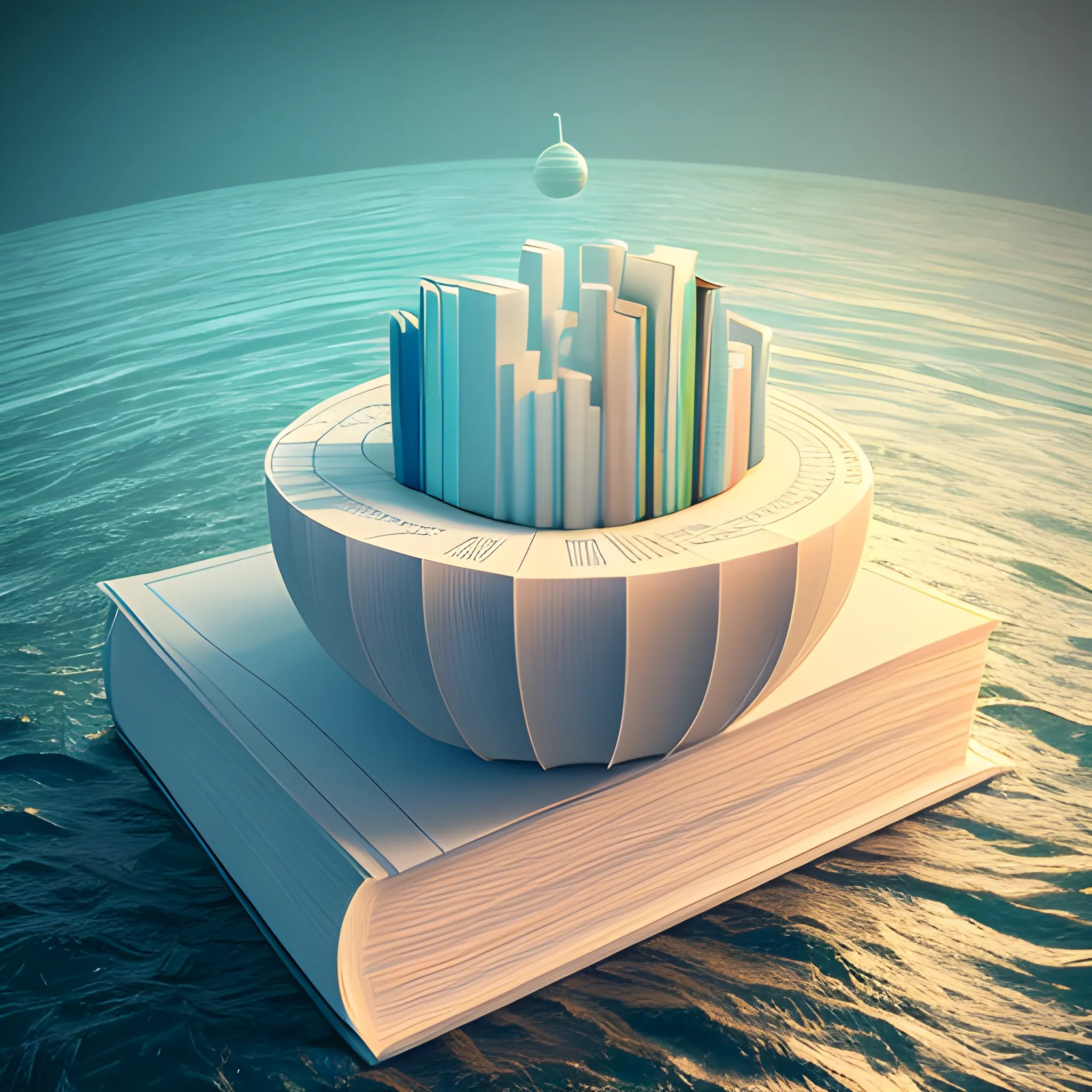 Create a hyperrealistic 3D render of an expansive ocean with various types of books floating and bobbing on its surface, inspired by the style of Marek Denko, 3D, Trippy