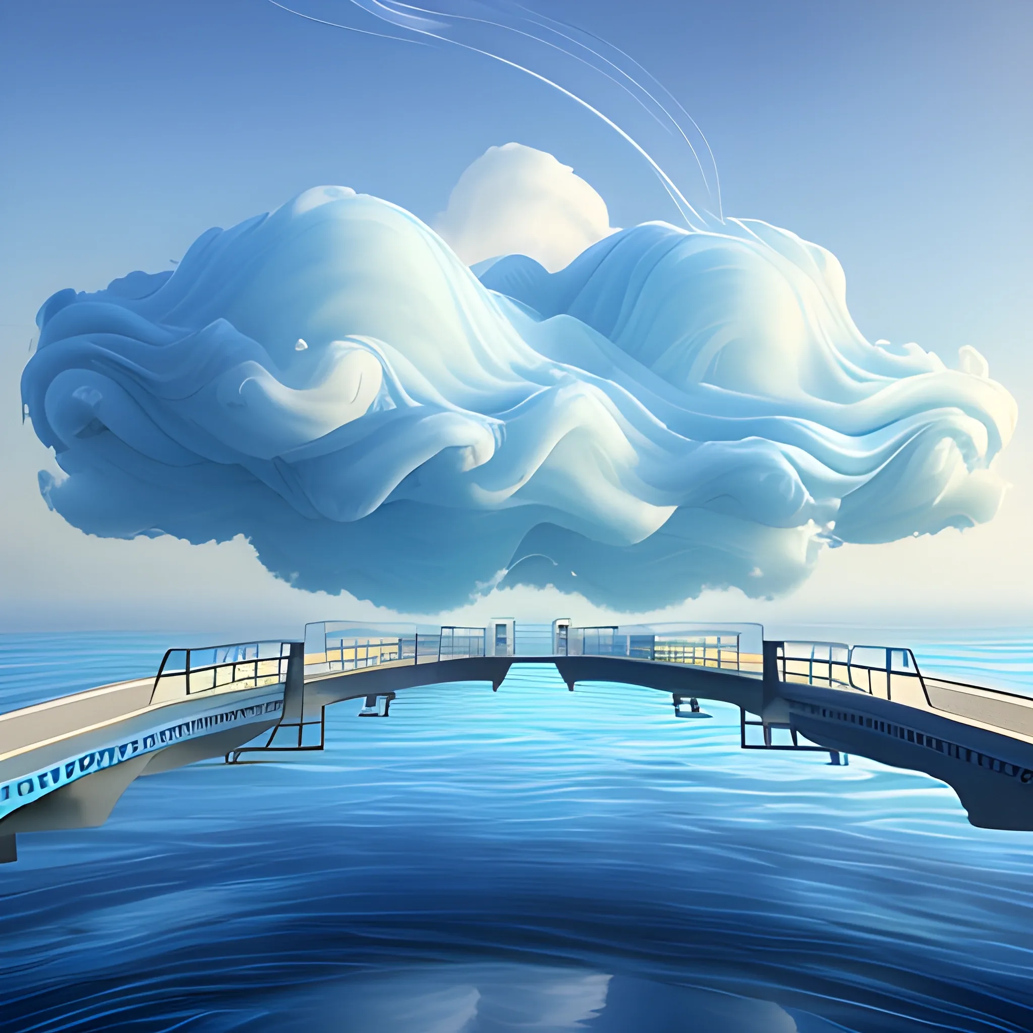 A floating bridge of flowing blue silk connects two large clouds together, during the early morning with a creamy sky,, 3D