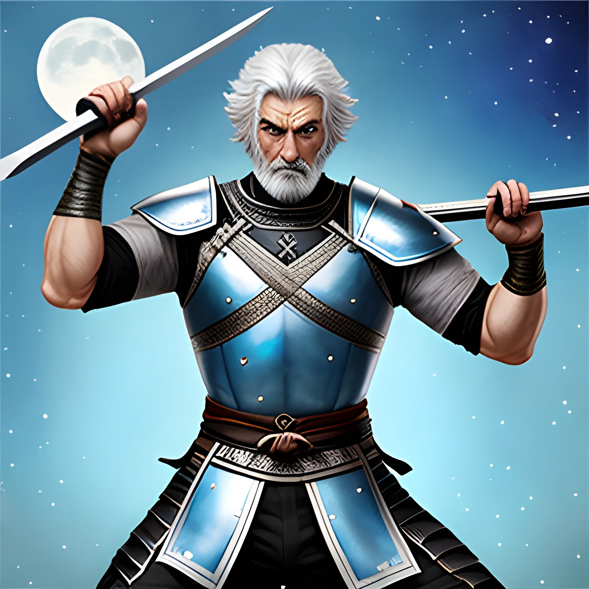 young man in the wild, pale blue skin, silver hair, samurai holding a katana, scale mail with moon decorations, oild painting style