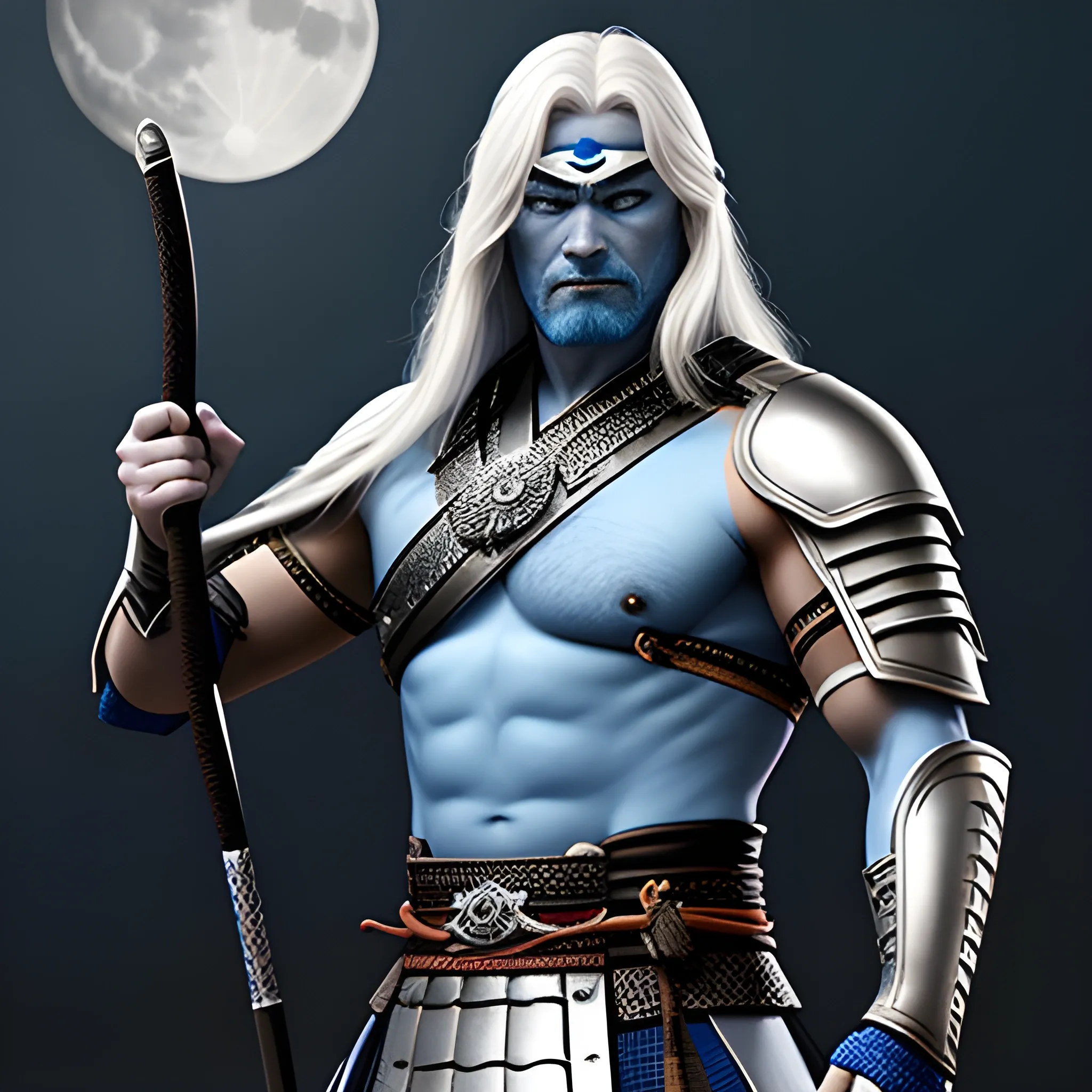 beautyfull young man with blue skin, long silver hair, no facial hair, samurai holding a katana, scale mail with moon decorations, hyper-realistic style