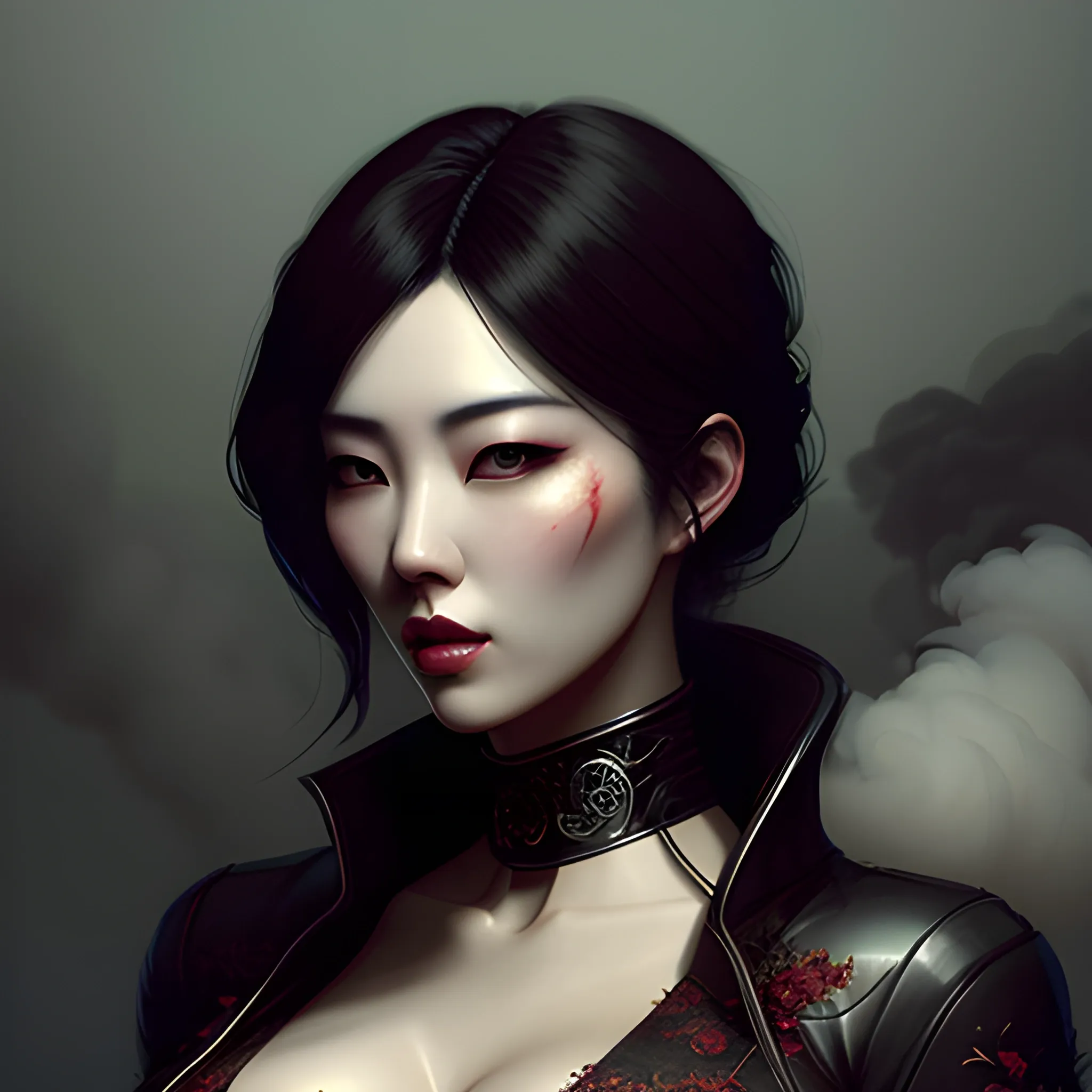 good looking. nice dolled gotic korean girl Suzy, surrounded by smoke in the background, high contrast, dark art  by Greg Rutkowski, intricate detail, intensive warm colors, hyper realistic, intricate detail