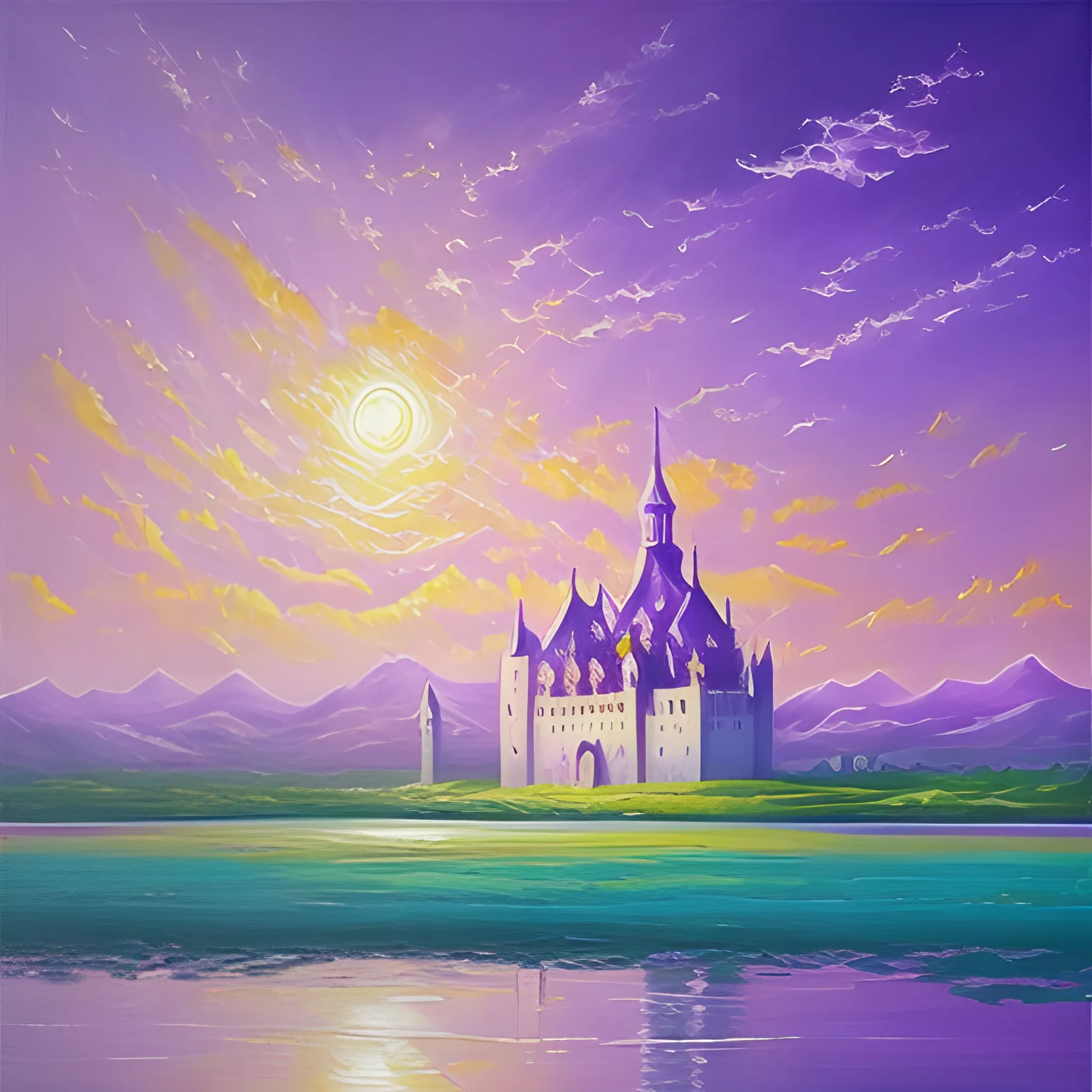 landscape, floating fantasy castel in sky, Oil Painting, with a predominance of purple