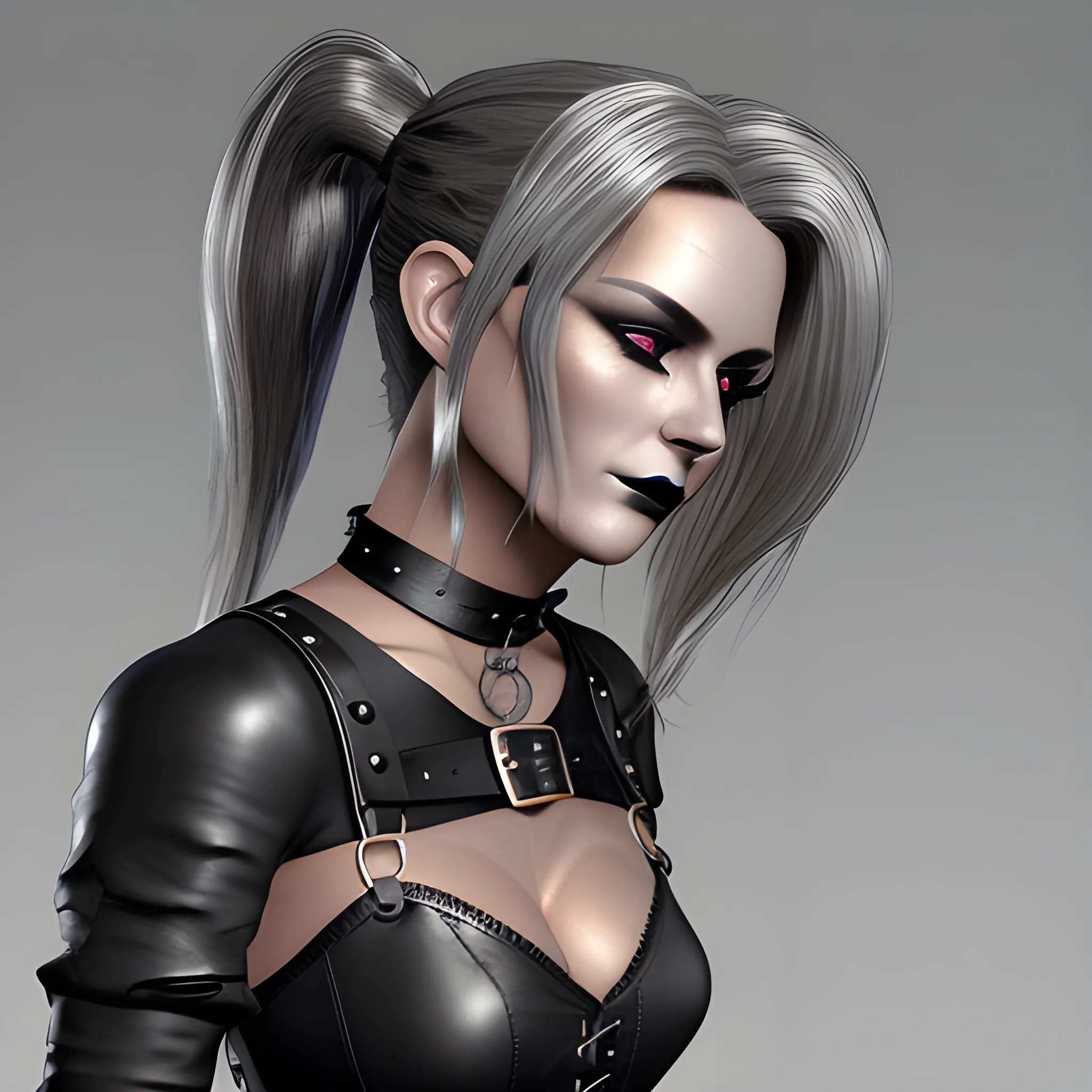 Beautiful fox haired shoulder length haired 50 year old woman with black lipstick and eye makeup dressed in a black leather silver buckle front over bust corset a black leather silver O ring choker and black leather skin tight pants and black leather calf high boots posing standing hair tied up straight in the back of head in a ponytail photo realistic 24k ultra realistic quality 3D no deformation