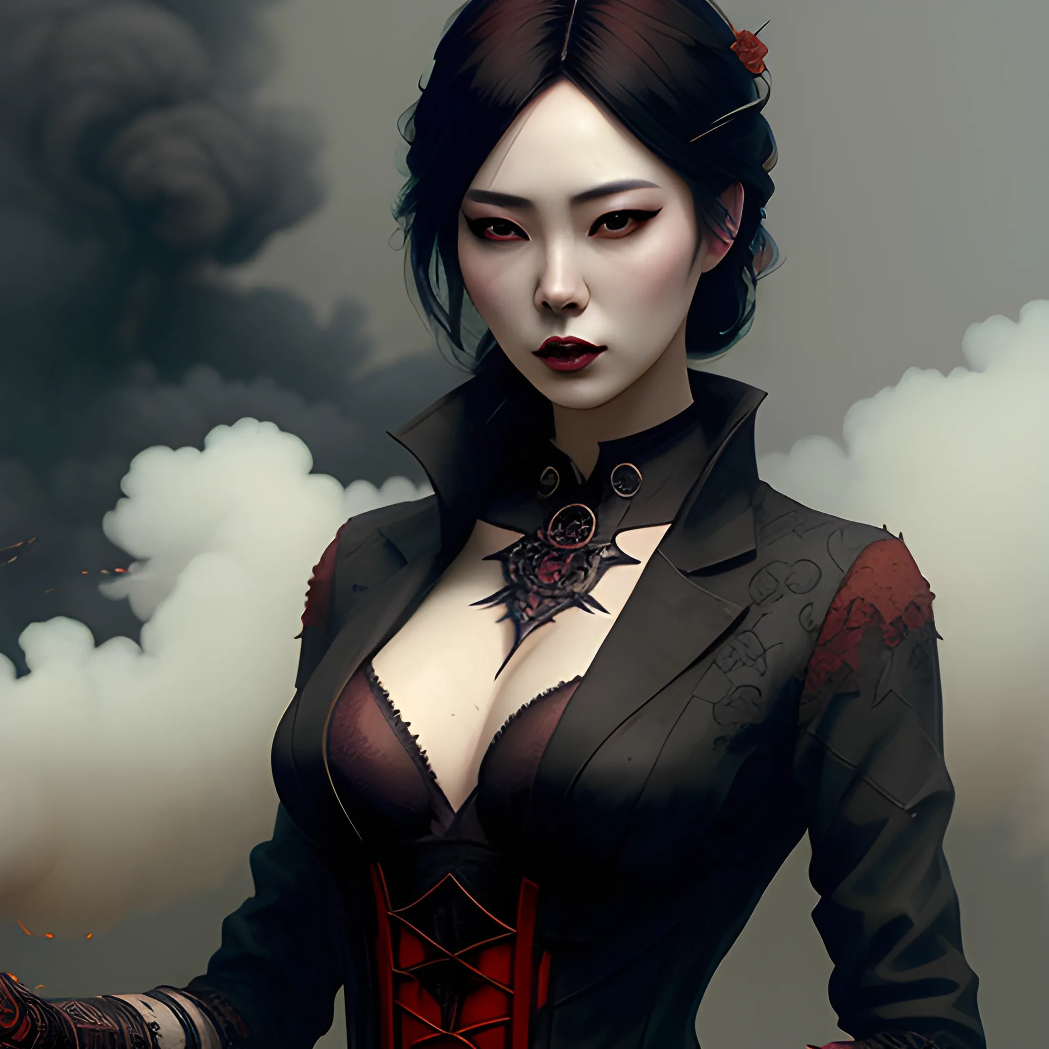 good looking. nice dolled gothic korean girl Suzy, surrounded by smoke in the background, high contrast, dark art  by Greg Rutkowski, intricate detail, intensive warm colors, hyper realistic, intricate detail