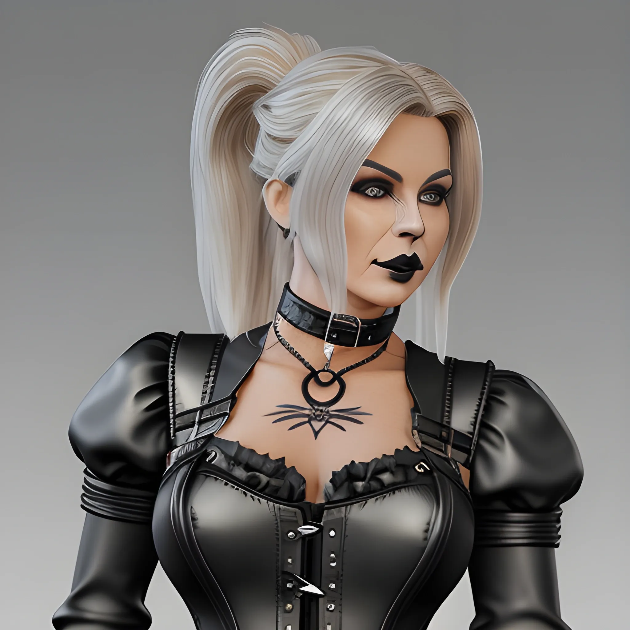 Beautiful fox haired shoulder length haired 50 year old woman with black lipstick and eye makeup dressed in a black leather silver buckle front over bust corset a black leather silver O ring choker and black leather skin tight pants and black leather calf high boots posing standing hair tied up straight in the back of head in a ponytail photo realistic 24k ultra realistic quality 3D no deformation