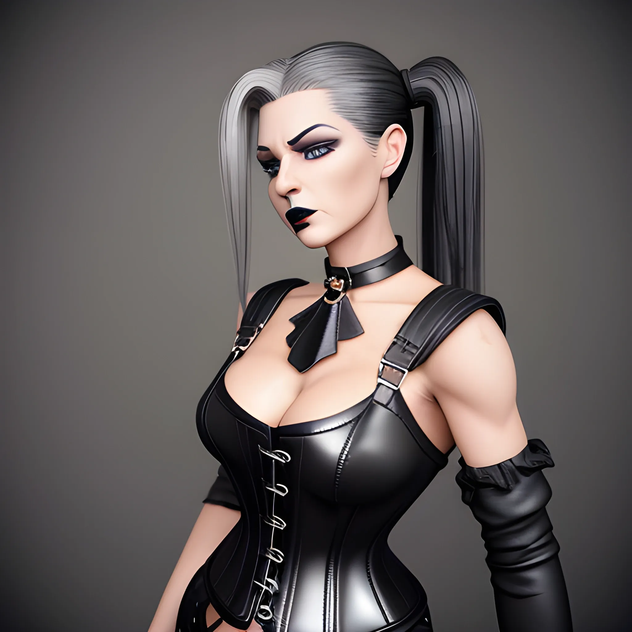 Beautiful graying shoulder length haired 50 year old woman with black lipstick and eye makeup dressed in a black leather silver buckle front over bust corset a black leather silver O ring choker and black leather skin tight pants and black leather calf high boots posing standing hair tied up straight in the back of head in a ponytail photo realistic 24k ultra realistic quality 3D no deformation