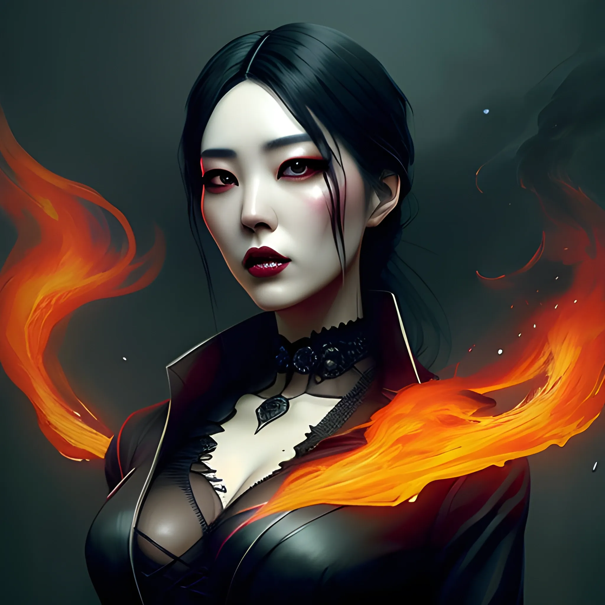 good looking. nice dolled gothic korean girl Suzy, surrounded by smoke in the background, high contrast, dark art  by Greg Rutkowski, intricate detail, intensive warm colors, hyper realistic, intricate detail