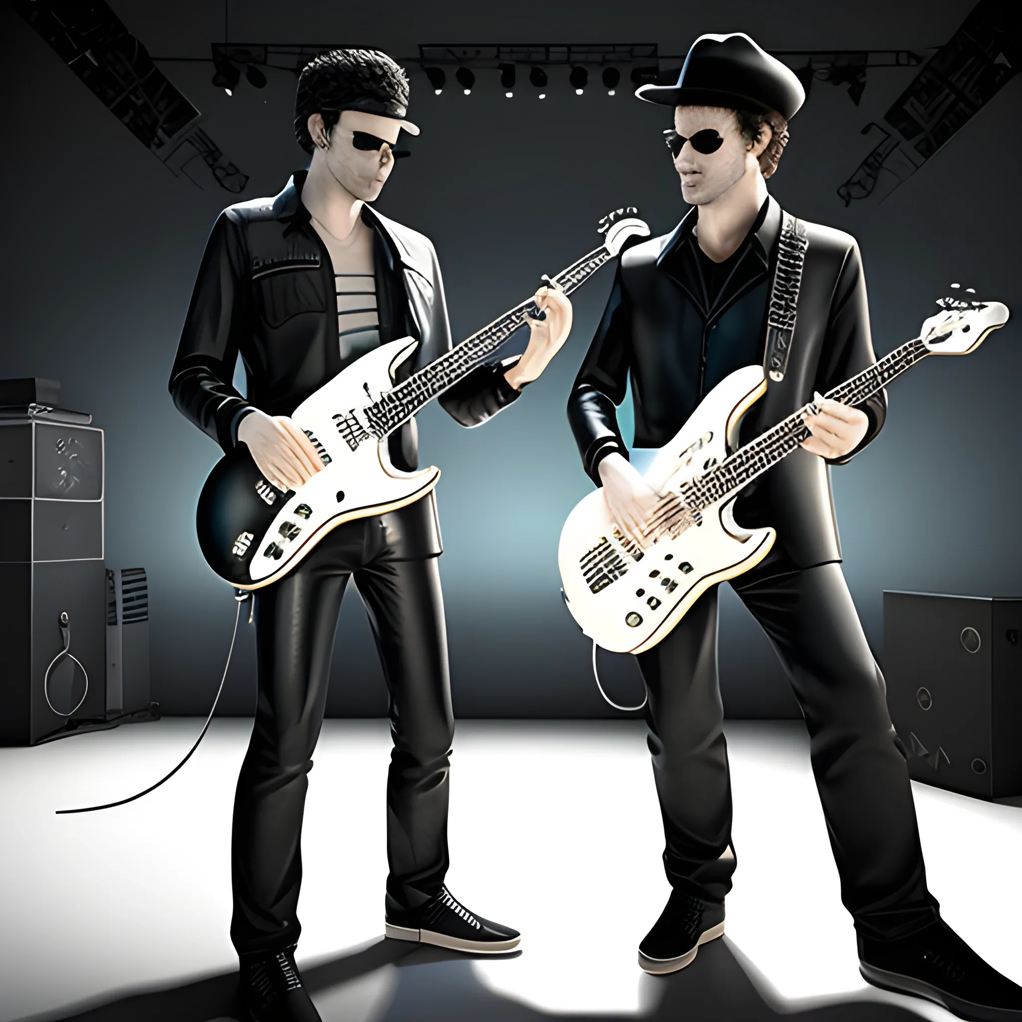 Guitar player and sax player on stage, 3d-real, noir lights