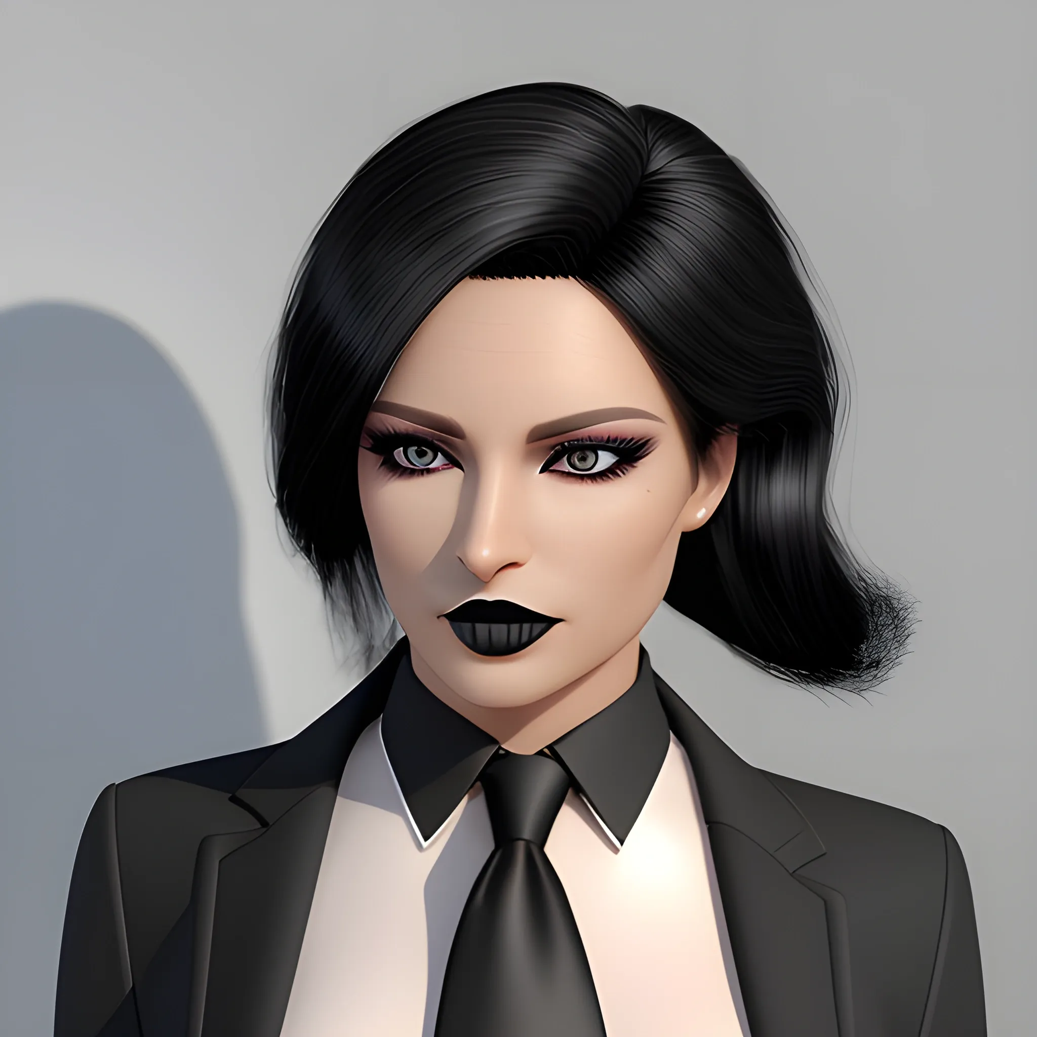Beautiful black shoulder length haired business woman with black lipstick and eye makeup dressed in a an all black business suit black dress shirt black long tie photo realistic 24k ultra realistic quality 3D no deformation