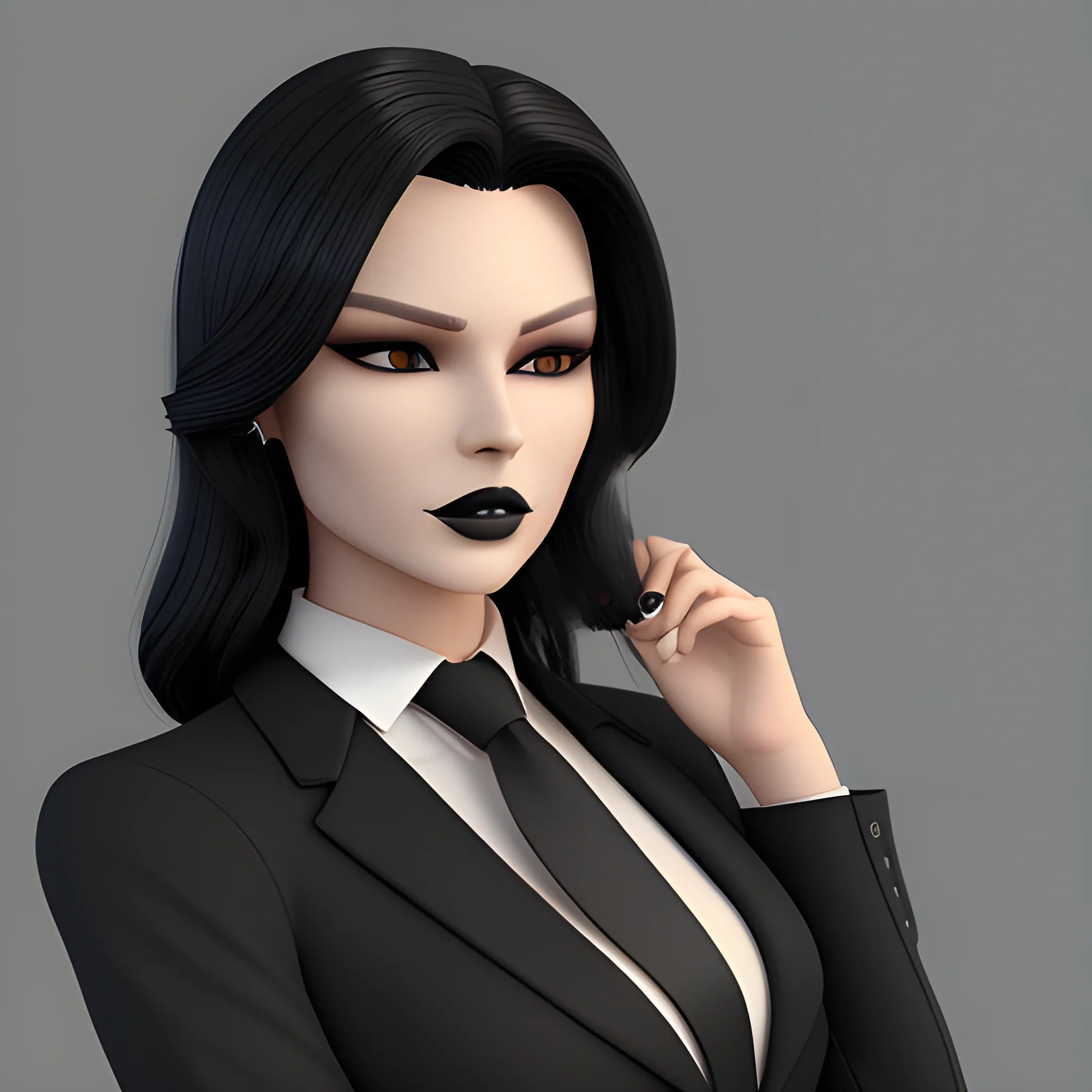 Beautiful black shoulder length haired business woman with black lipstick and eye makeup dressed in a an all black business suit black button up shirt black long tie full body pose photo realistic 24k ultra realistic quality 3D no deformation