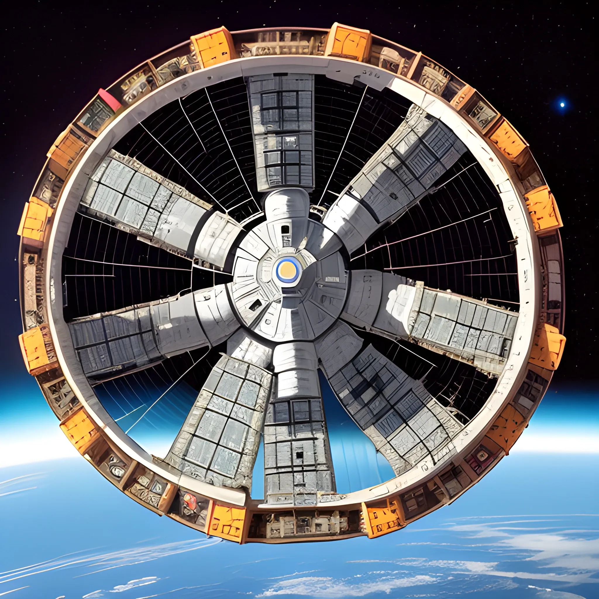 very large wheel space station in space