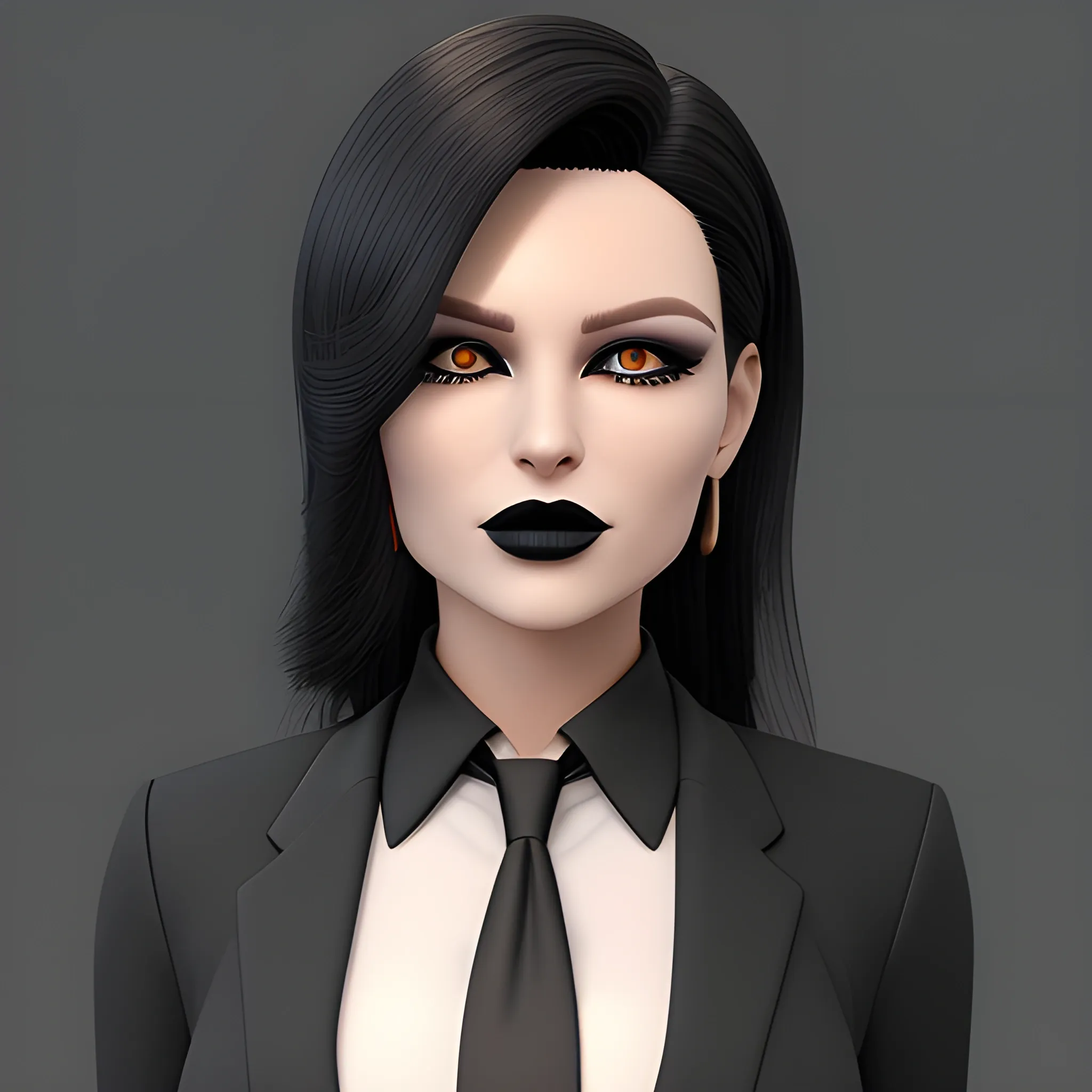 Beautiful black shoulder length haired business woman with black lipstick and eye makeup dressed in a an all black business suit black button up shirt black long tie full body pose photo realistic 24k ultra realistic quality 3D no deformation