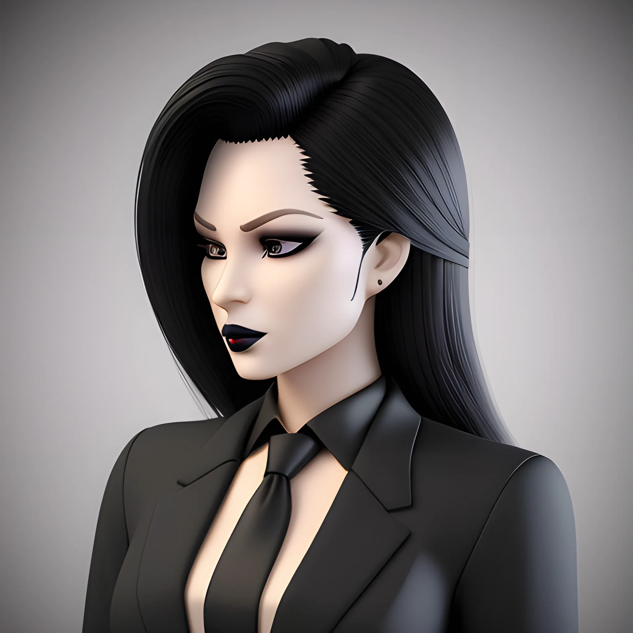 Beautiful black shoulder length haired business woman with black lipstick and eye makeup dressed in a an all black business suit black button up shirt black long tie full body pose photo realistic 24k ultra realistic quality 3D no deformation