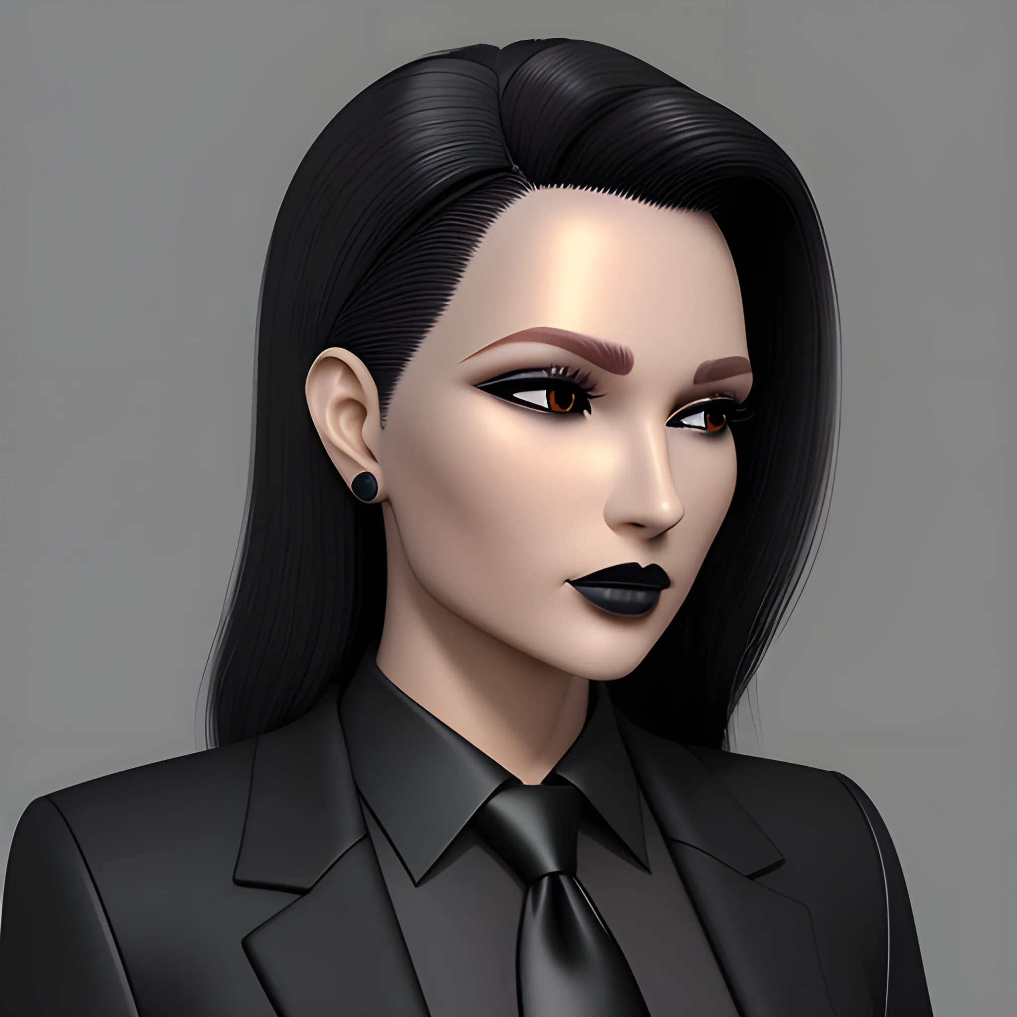 Beautiful black shoulder length haired business woman with black lipstick and eye makeup dressed in a an all black business suit black button up shirt black long tie full body pose photo realistic 24k ultra realistic quality 3D no deformation