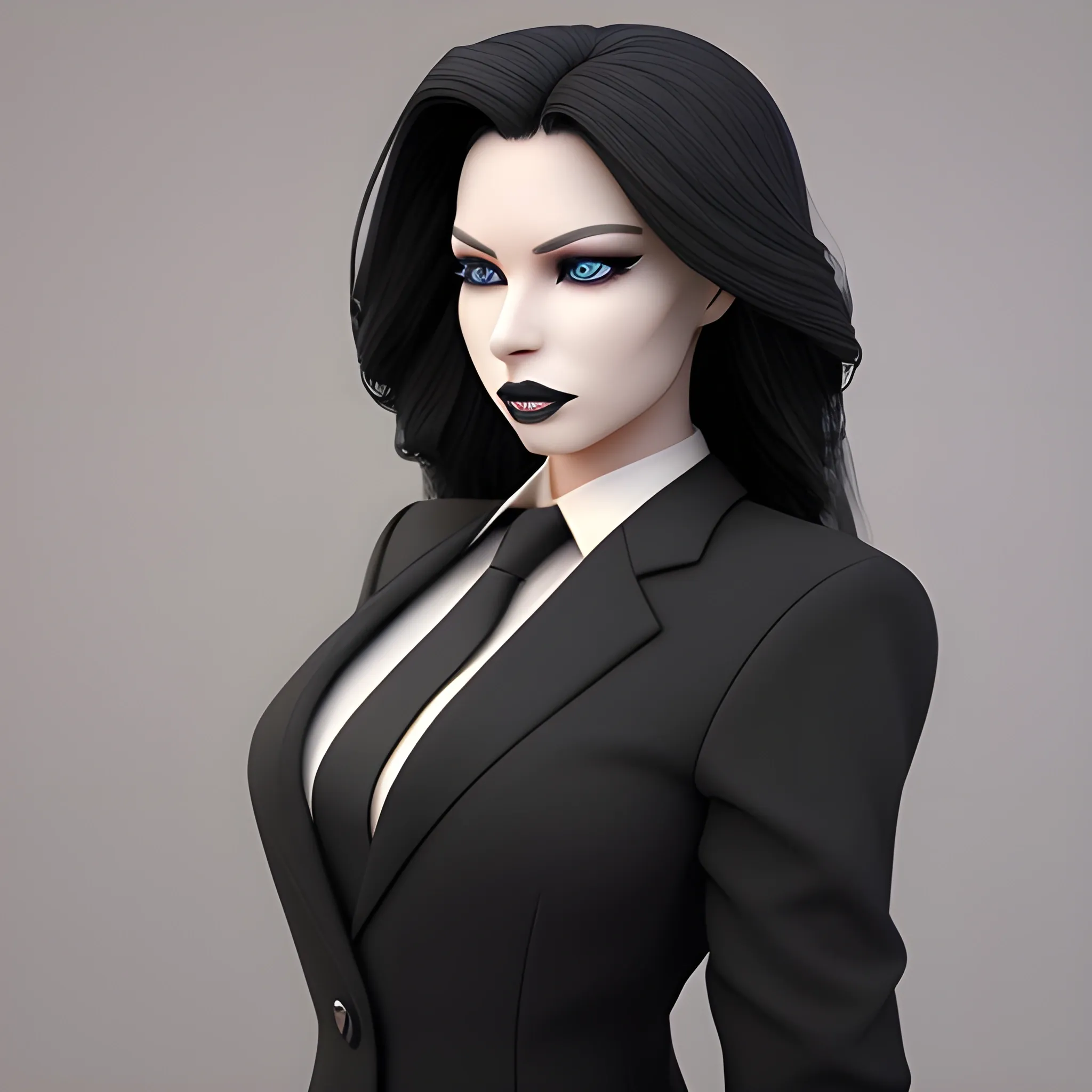 Beautiful black shoulder length haired business woman with black lipstick and eye makeup dressed in a an all black business suit black button up shirt black long tie full body pose photo realistic 24k ultra realistic quality 3D no deformation