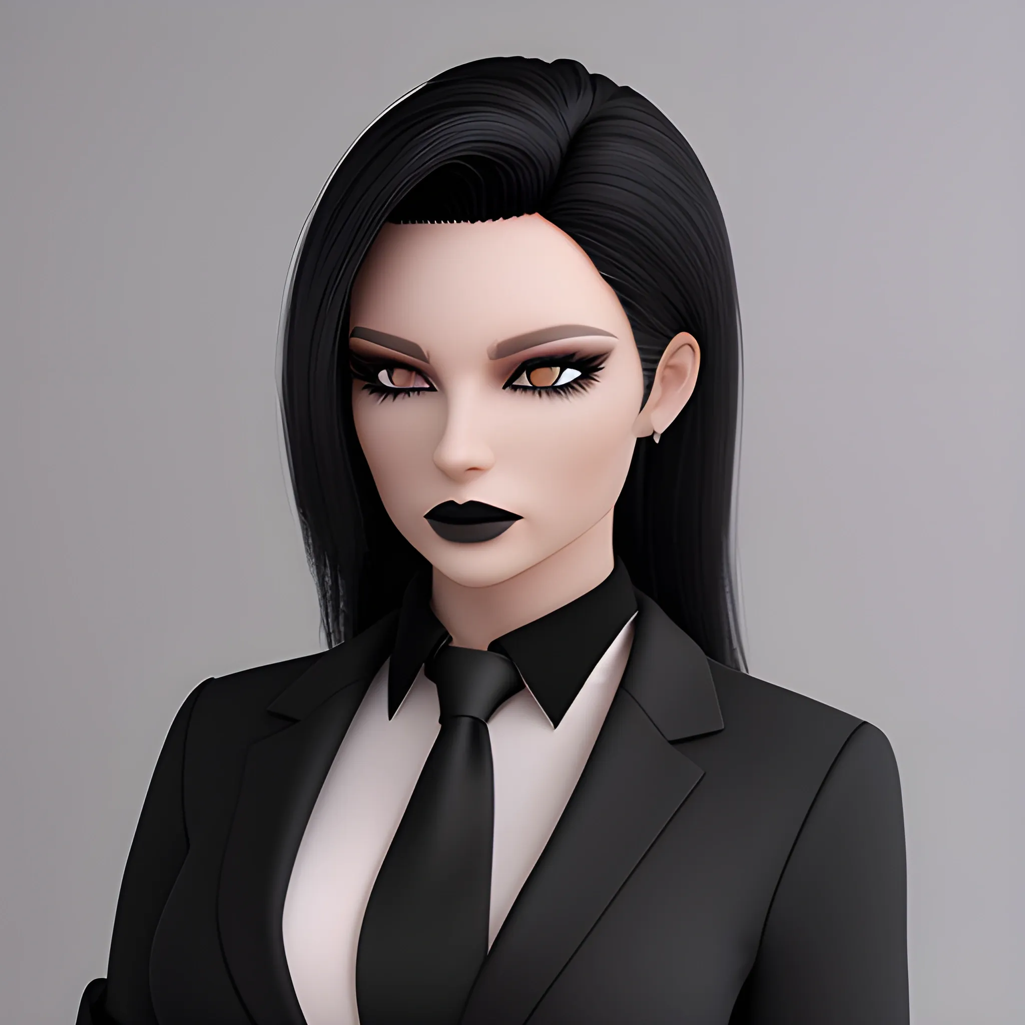 Beautiful black shoulder length haired business woman with black lipstick and eye makeup dressed in a an all black business suit black button up shirt black long tie full body pose photo realistic 24k ultra realistic quality 3D no deformation