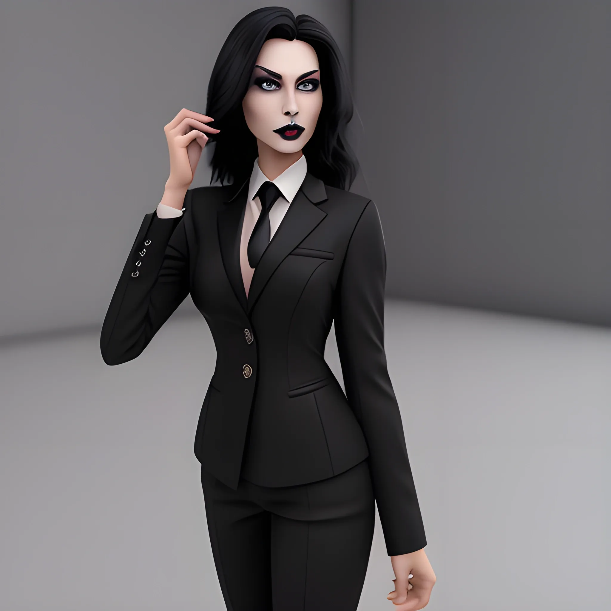 Beautiful black shoulder length haired business woman with black lipstick and eye makeup dressed in a an all black business suit black button up shirt black long tie full body pose photo realistic 24k ultra realistic quality 3D no deformation