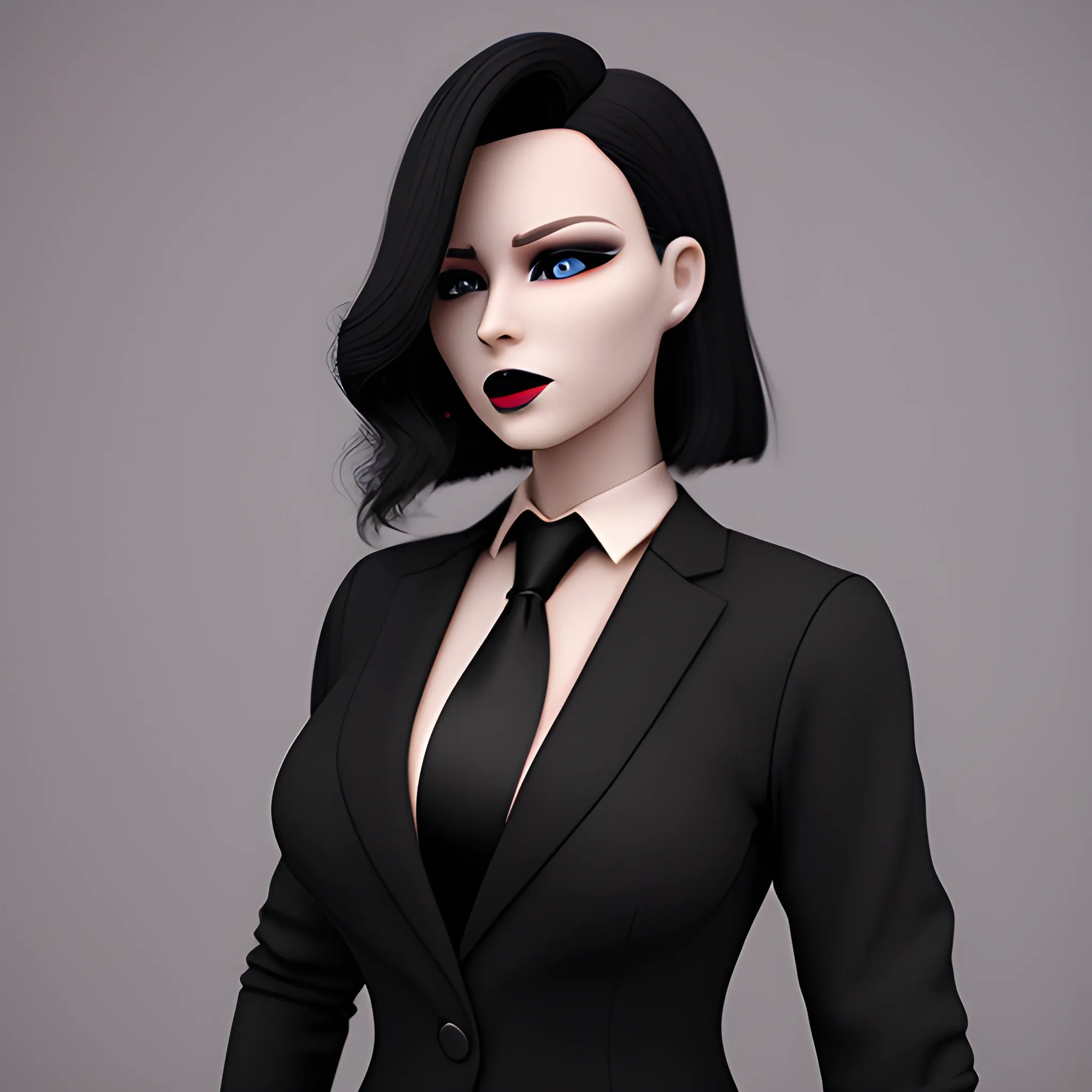 Beautiful black shoulder length haired business woman with black lipstick and eye makeup dressed in a an all black business suit black button up shirt black long tie full body pose photo realistic 24k ultra realistic quality 3D no deformation