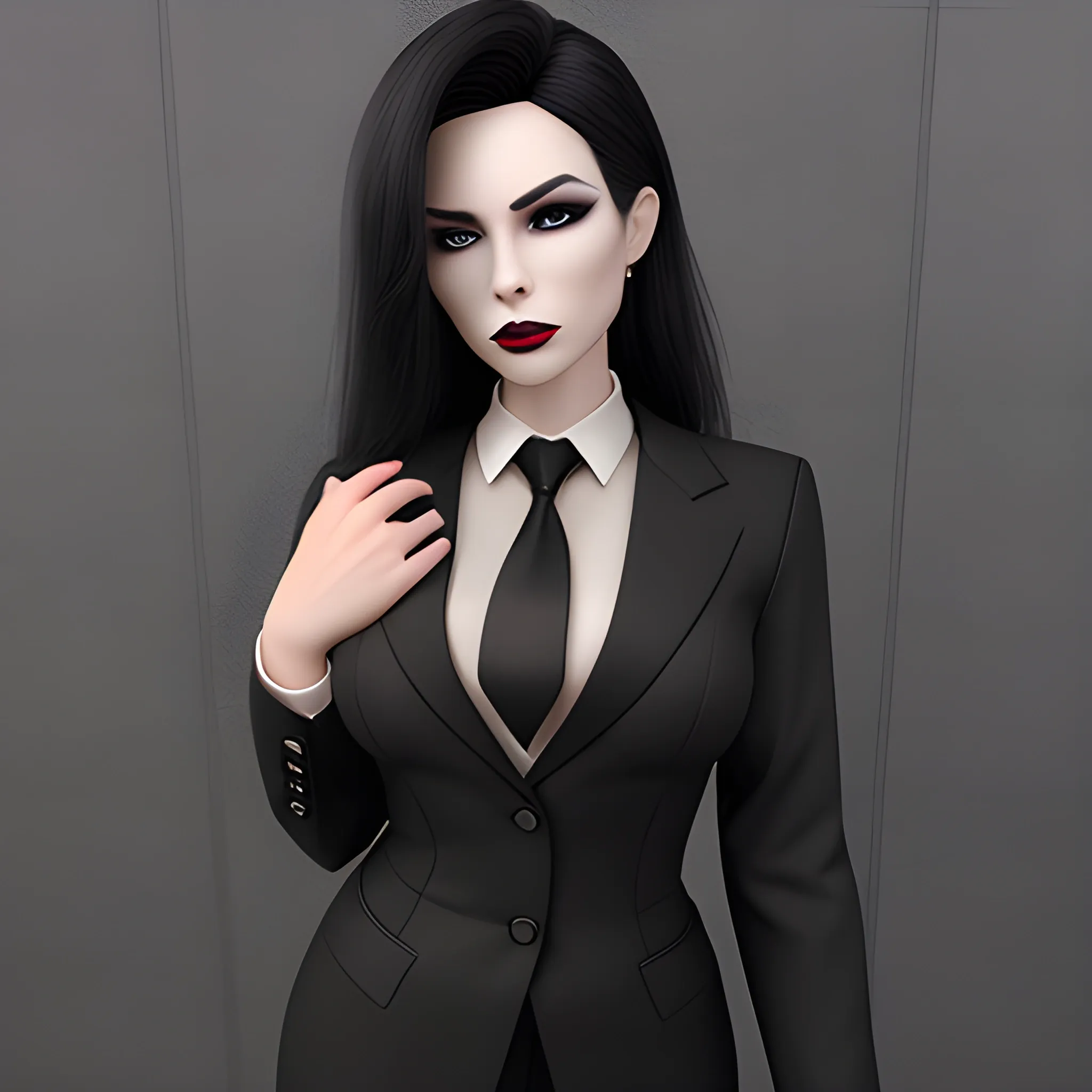 Beautiful black shoulder length haired business woman with black lipstick and eye makeup dressed in a an all black business suit black button up shirt black long tie full body pose photo realistic 24k ultra realistic quality 3D no deformation