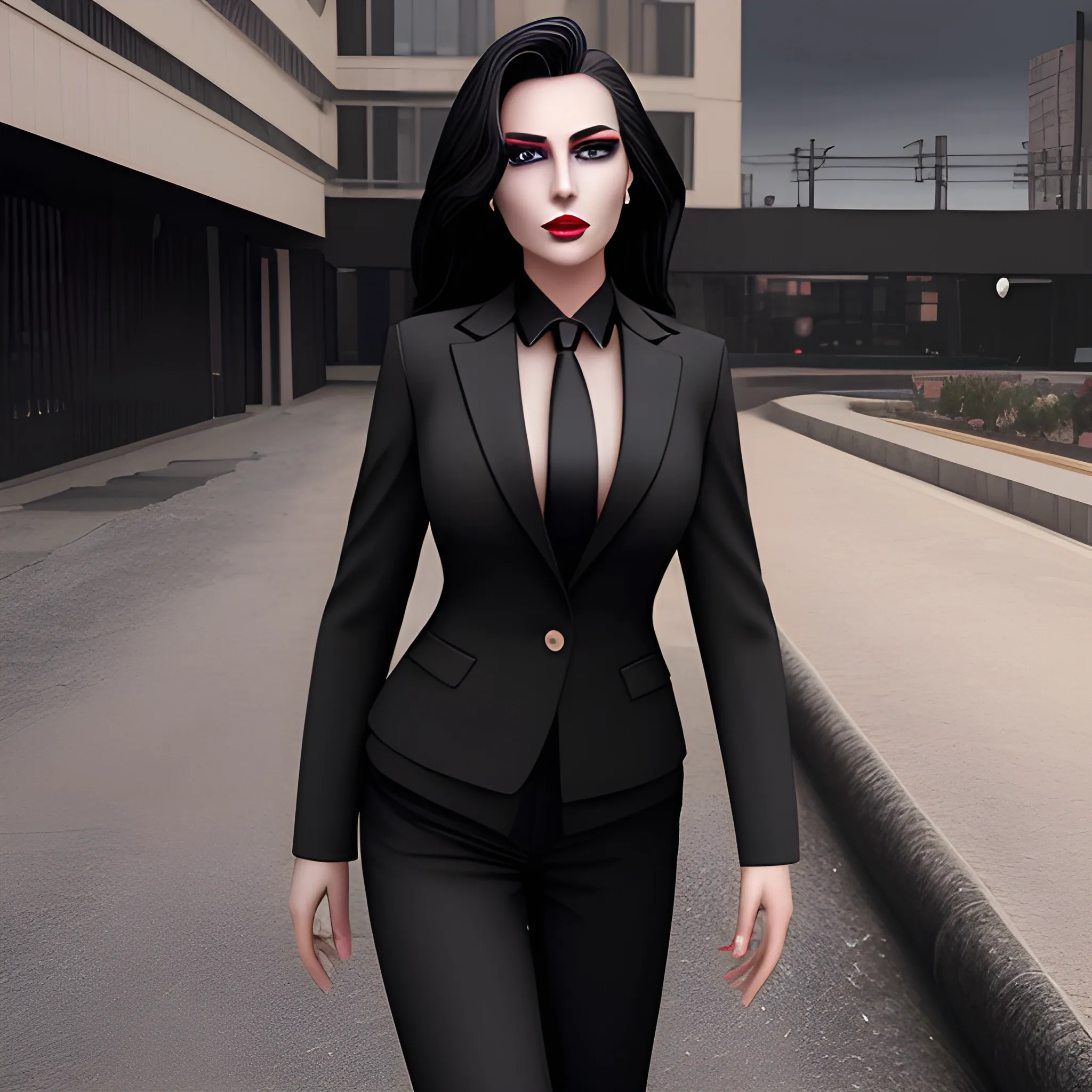 Beautiful black shoulder length haired business woman with black lipstick and eye makeup dressed in a an all black business suit black button up shirt black long tie full body pose photo realistic 24k ultra realistic quality 3D no deformation